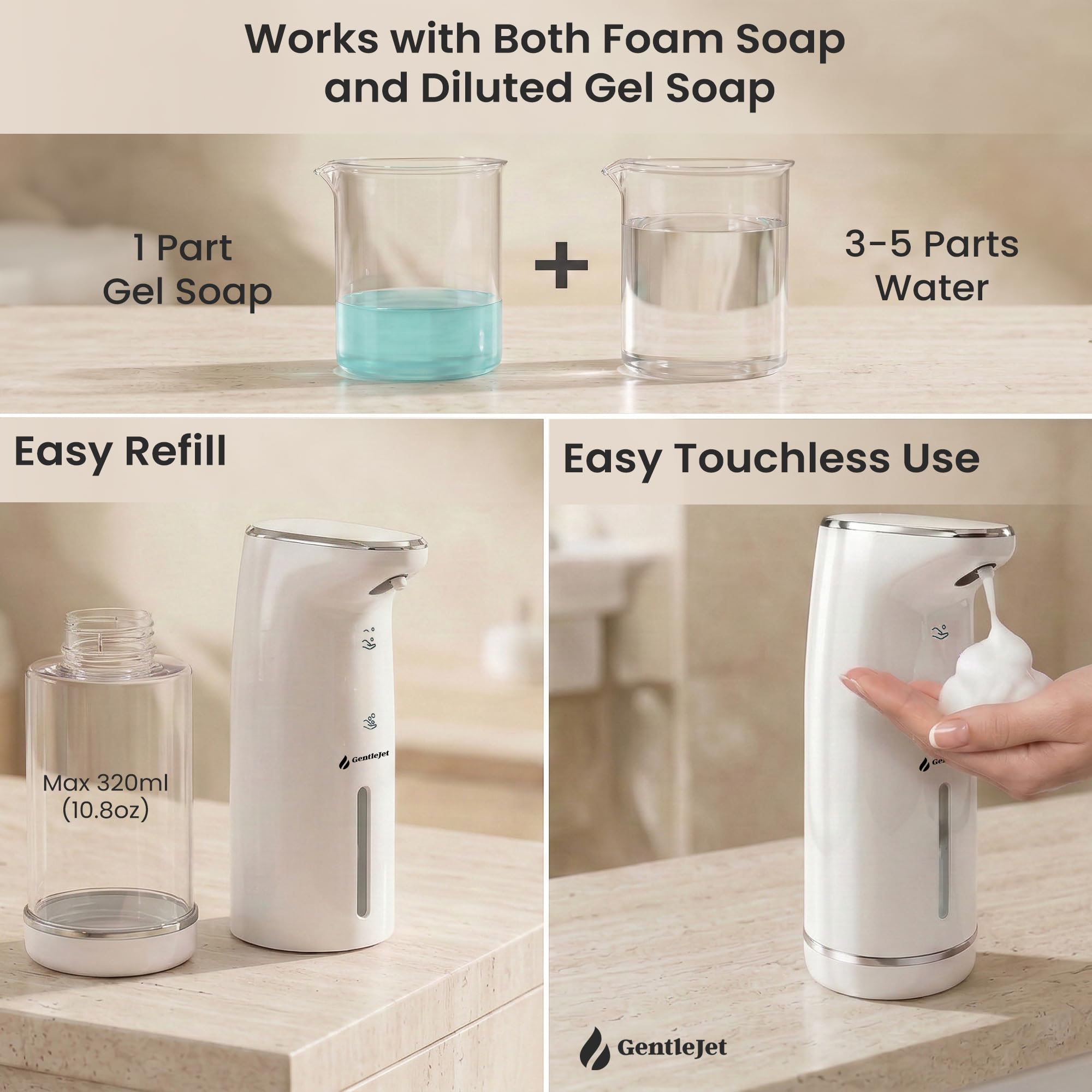 GentleJet Cloudfoam Automatic Foaming Soap Dispenser – Touchless Sensor, USB-C Rechargeable, IPX5 Waterproof, Adjustable Output for Bathroom Kitchen Sink, 10.8 oz / 320 ml