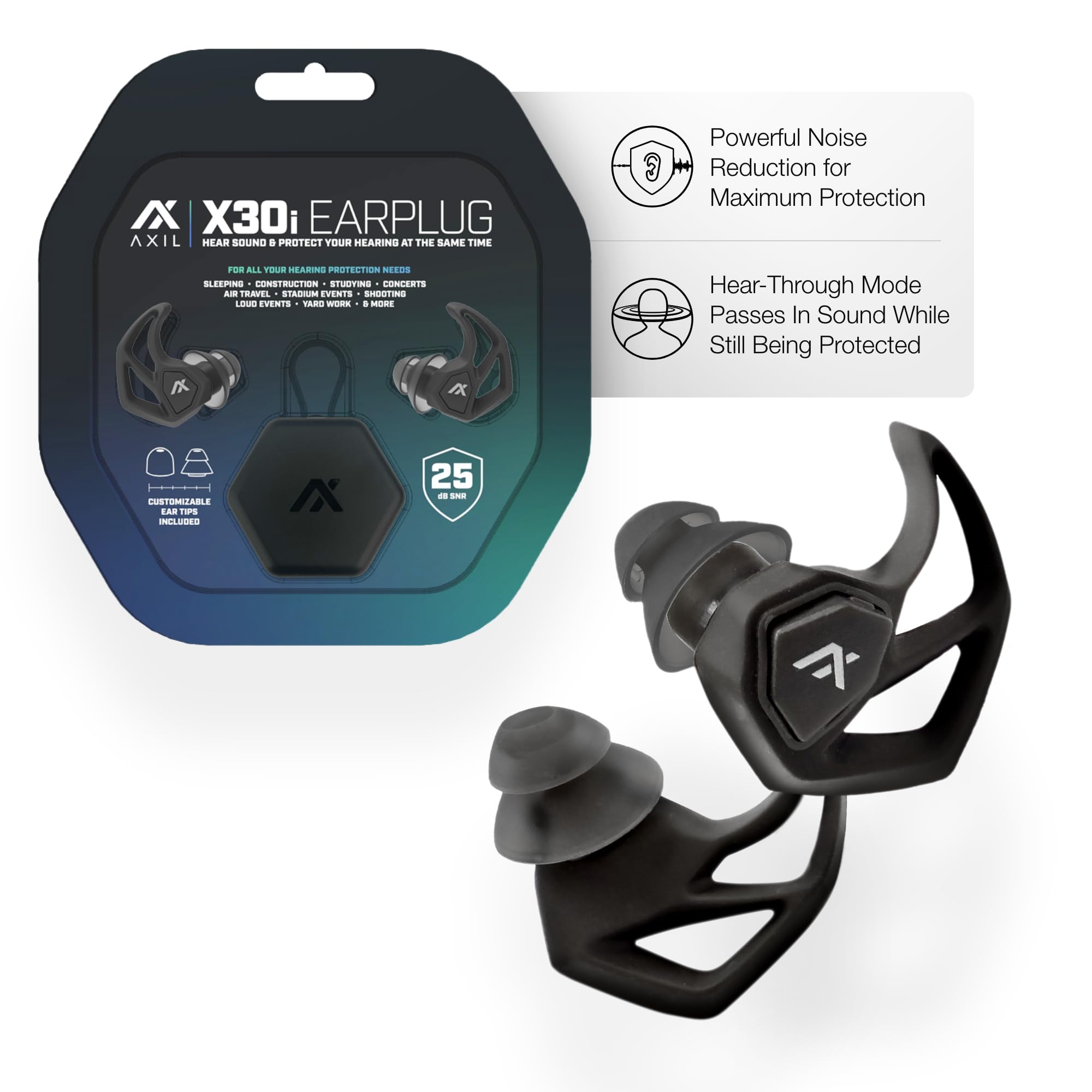 AXIL X30i Noise Reduction Ear Plugs, 25dB Hearing Protection, Black