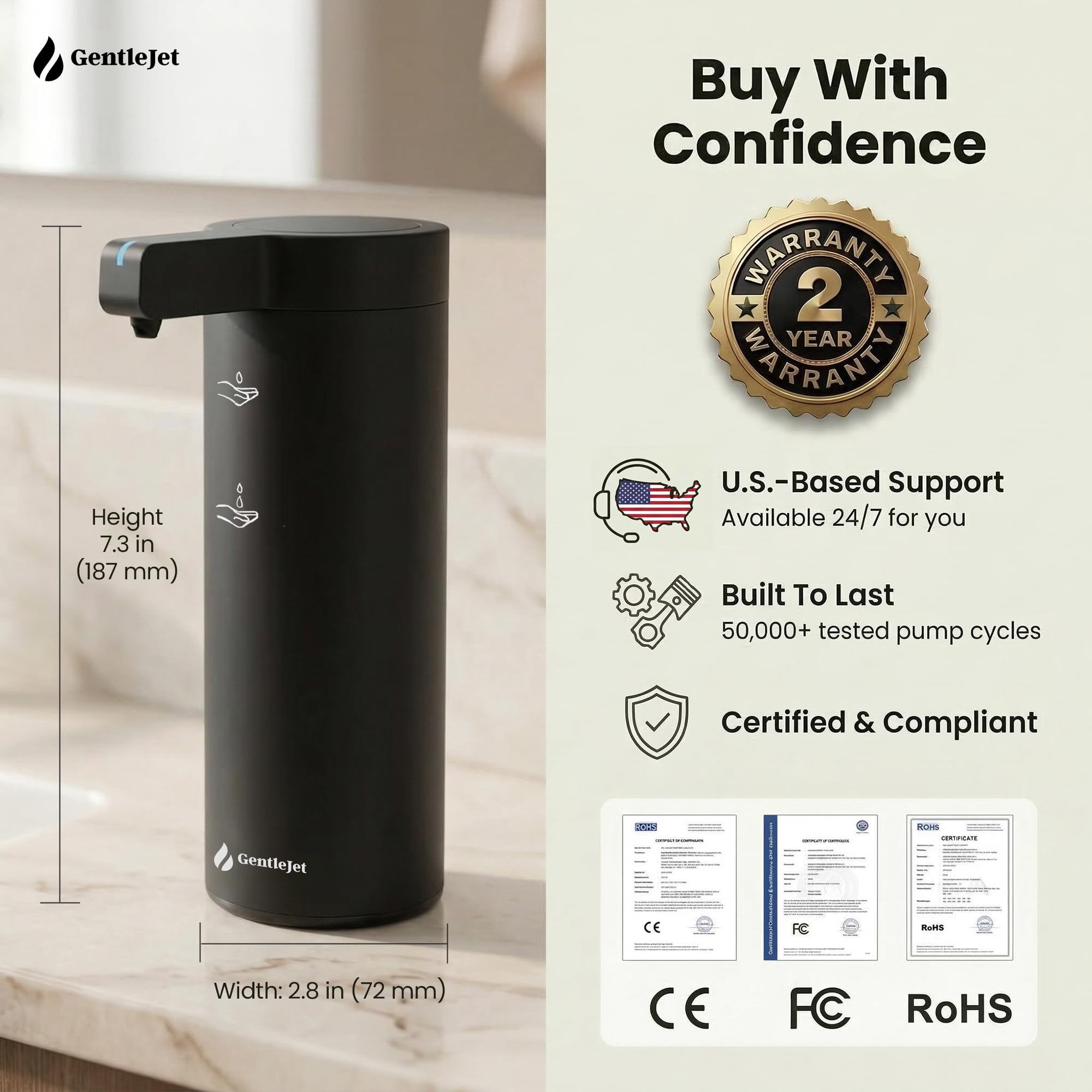 GentleJet SmoothDrop Automatic Liquid Soap Dispenser – Touchless Sensor, USB-C Rechargeable, 304 Stainless Steel, IPX5 Waterproof for Bathroom Kitchen Sink, 9 oz / 270 ml