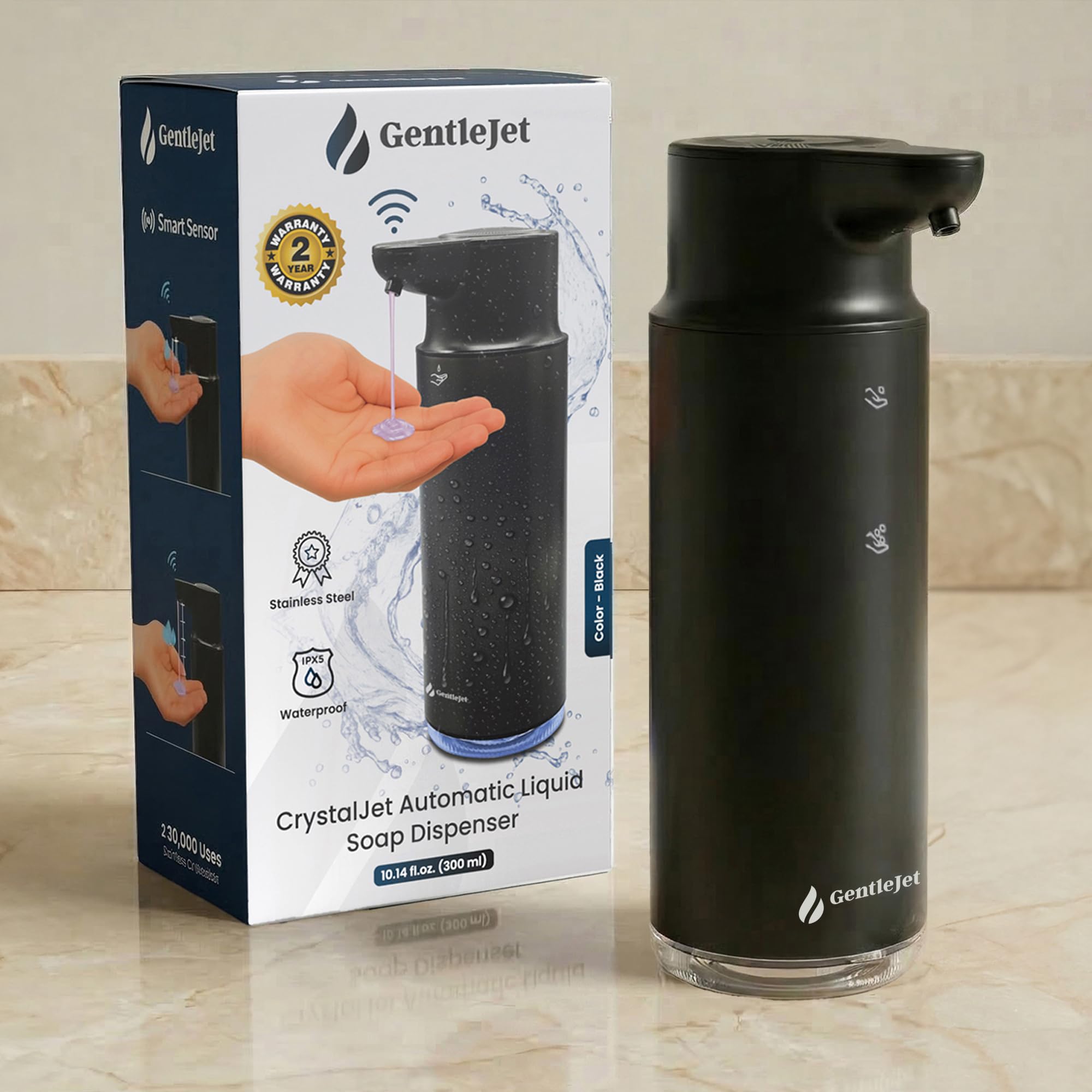 GentleJet CrystalJet Automatic Liquid Soap Dispenser – Touchless Sensor, USB-C Rechargeable, 304 Stainless Steel, IPX5 Waterproof for Bathroom Kitchen Sink, 10 fl oz / 300 ml