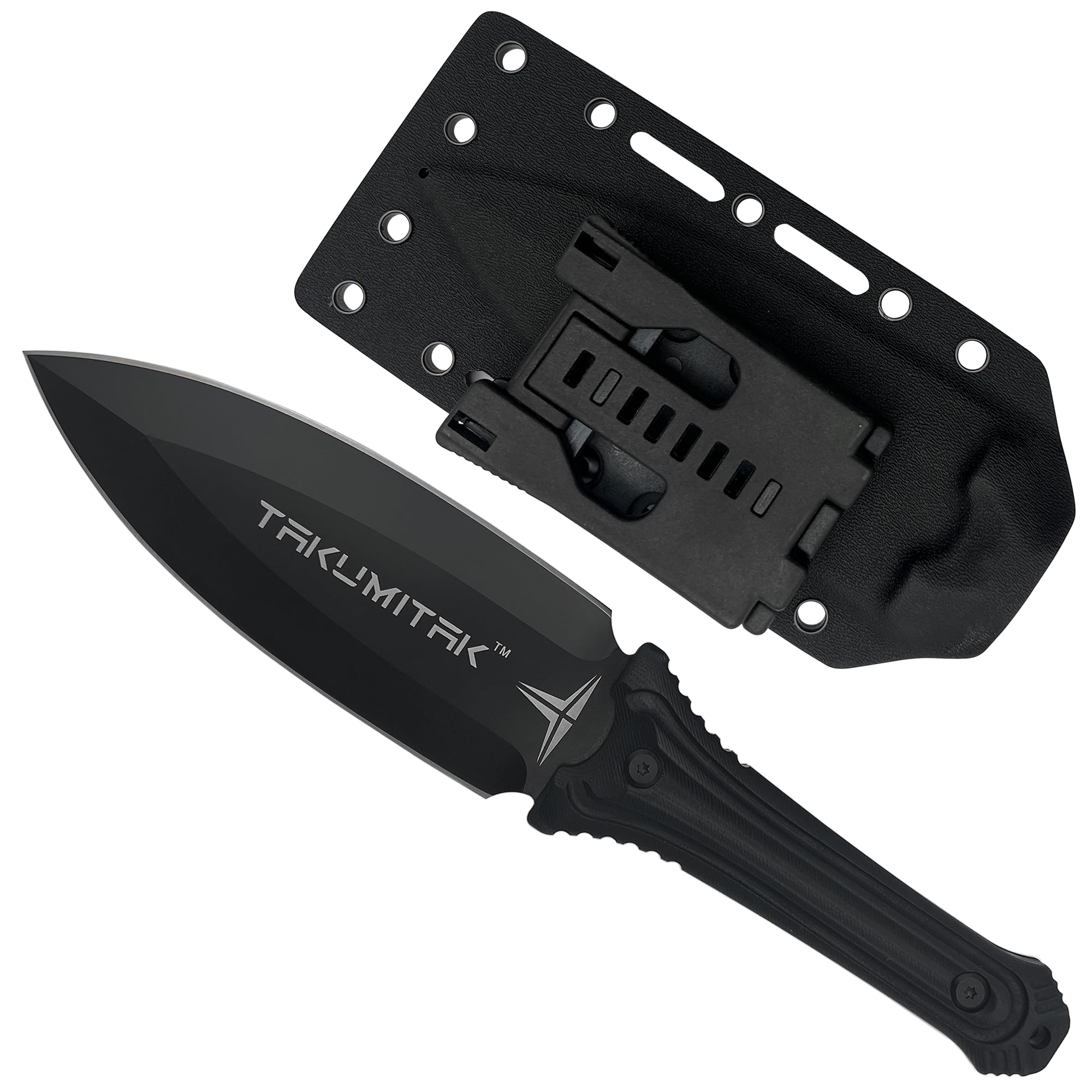 Fixed Blade Hunting Knife D2 Spear Point Blade G10 Handle with Kydex Sheath & Molle Clip for Camping, Hiking and Outdoor Use - TKF203BK Black