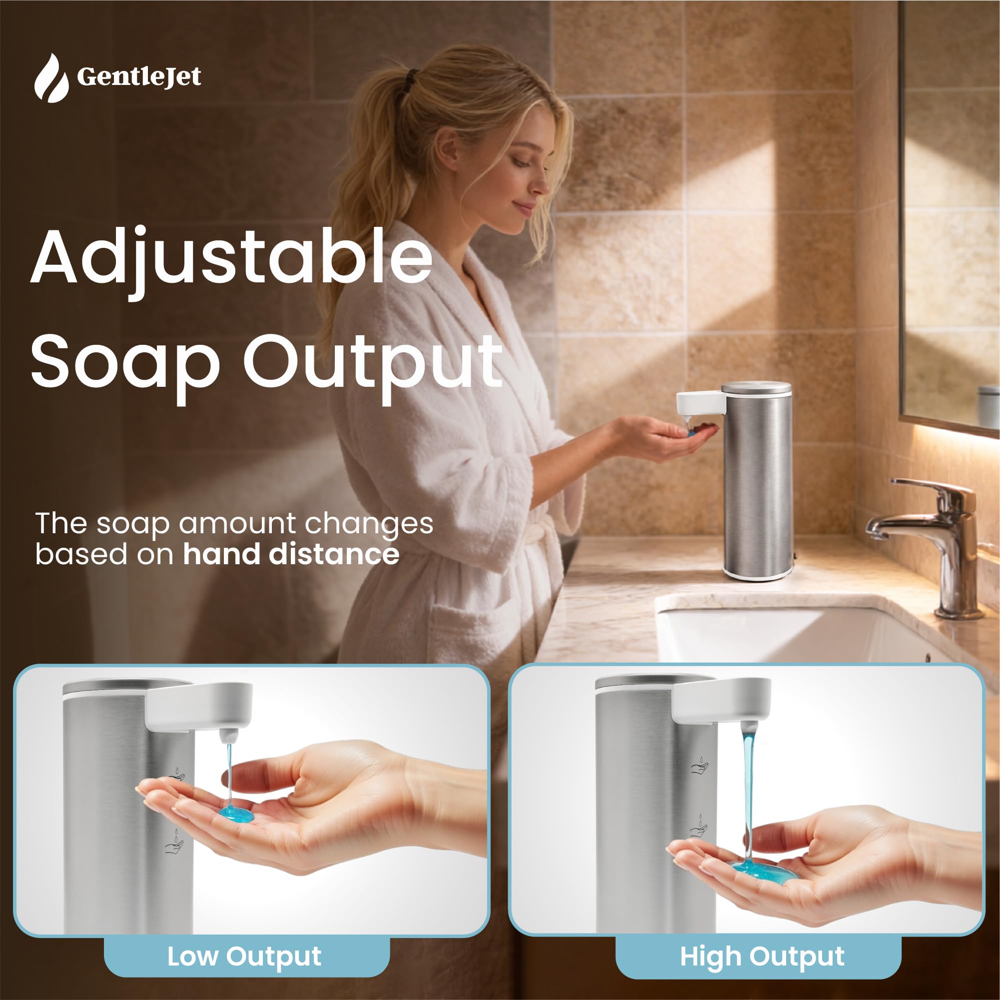 GentleJet OpalDrop Automatic Liquid Soap Dispenser – Touchless Sensor, USB-C Rechargeable, 304 Stainless Steel, IPX5 Water-Resistant for Kitchen Sink Bathroom, 9.13 oz / 270 ml