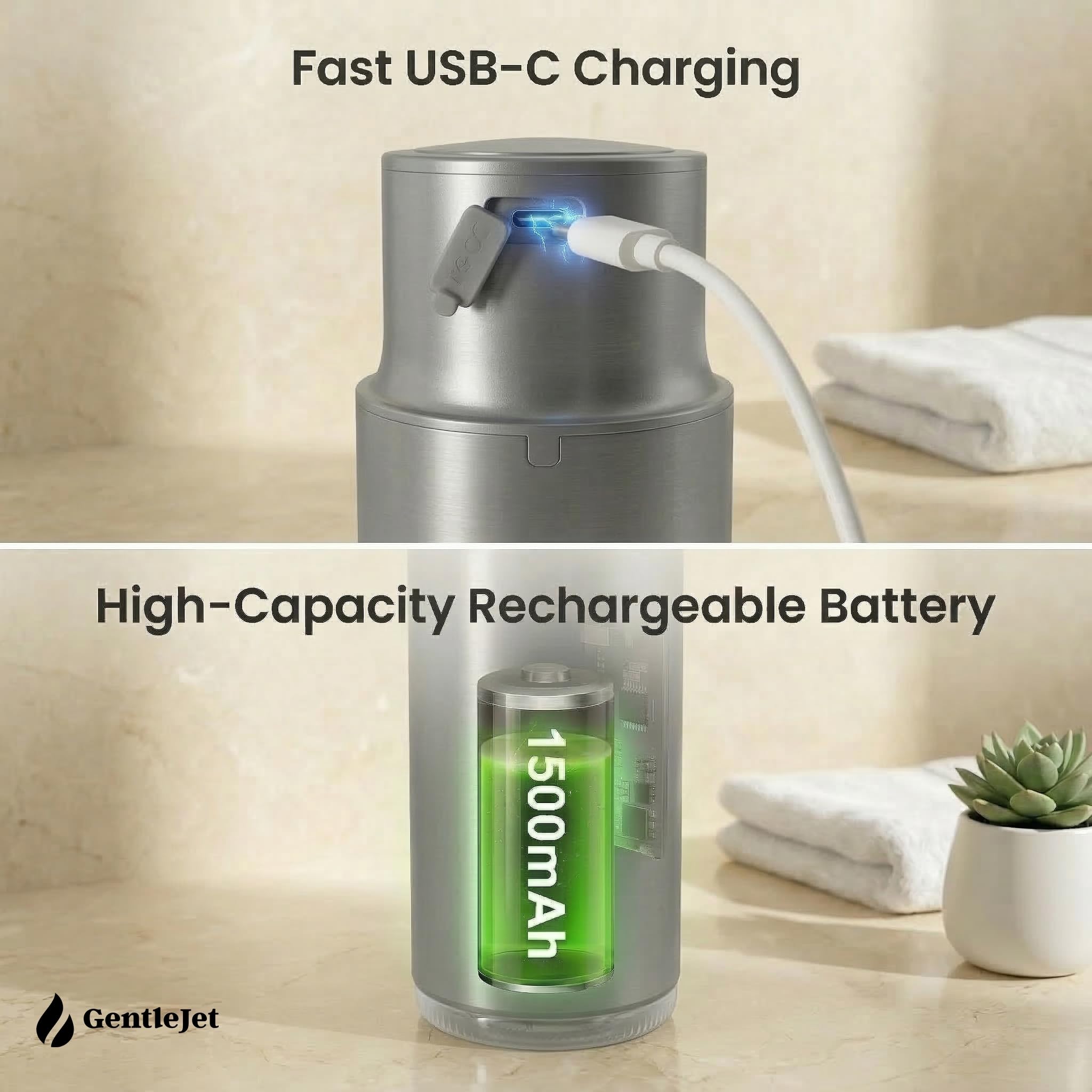 GentleJet CrystalJet Automatic Liquid Soap Dispenser – Touchless Sensor, USB-C Rechargeable, 304 Stainless Steel, IPX5 Waterproof for Bathroom Kitchen Sink, 10 fl oz / 300 ml