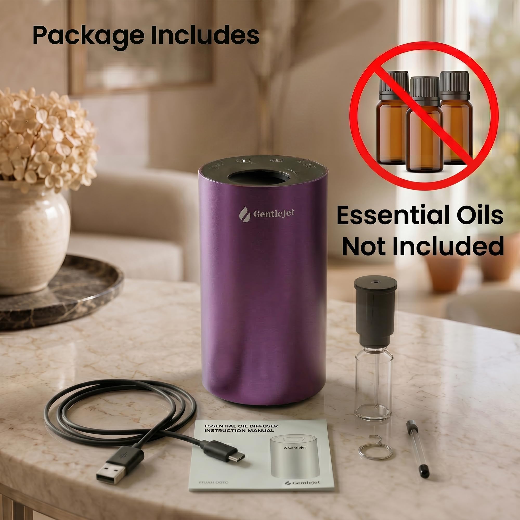 GentleJet LiteMist Waterless Nebulizing Essential Oil Diffuser – Cold Air Aromatherapy, USB-C Cordless 2000mAh Battery, Aluminum Portable for Home Office Car, 20ml