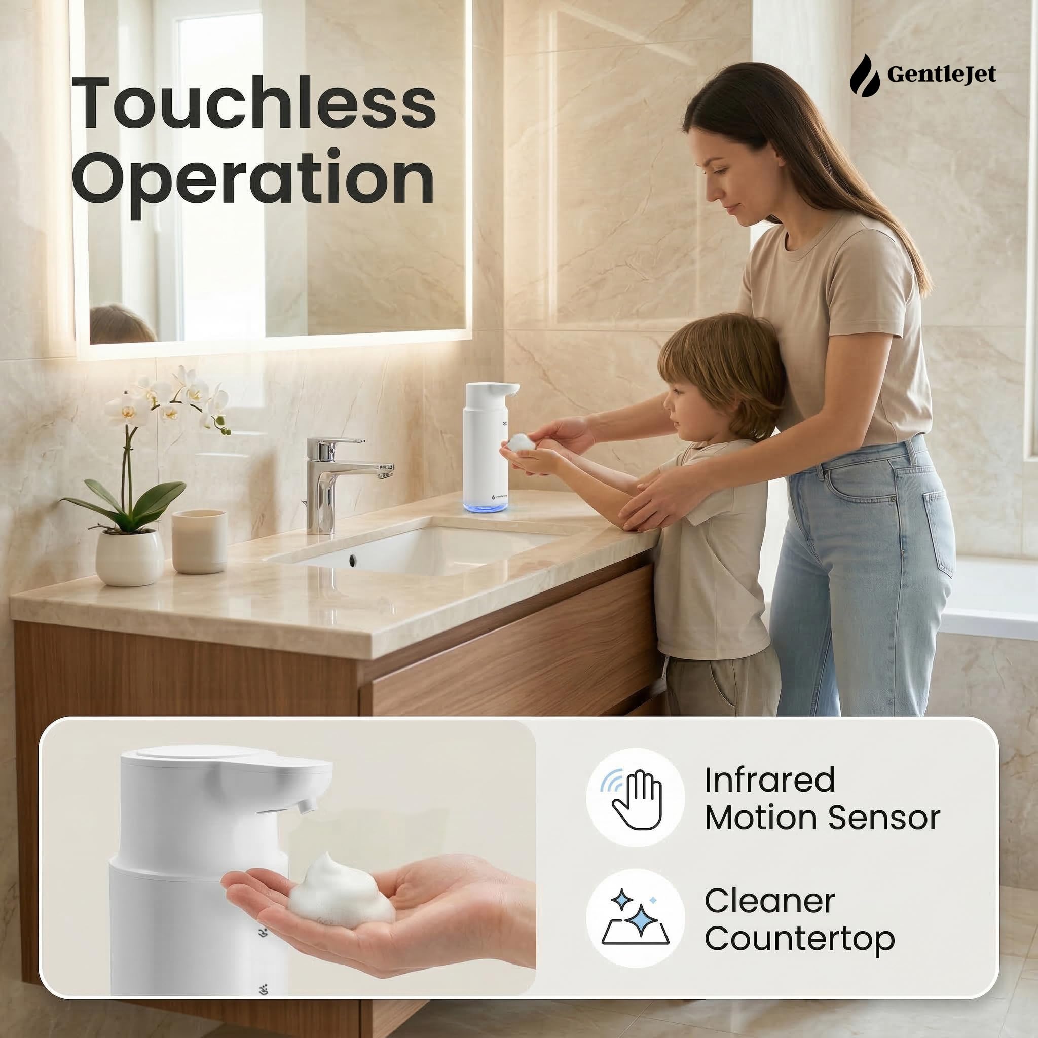 GentleJet CrystalJet Automatic Foaming Soap Dispenser – Touchless Sensor, USB-C Rechargeable, 304 Stainless Steel, IPX5 Waterproof for Bathroom Kitchen Sink, 10 fl oz / 300 ml