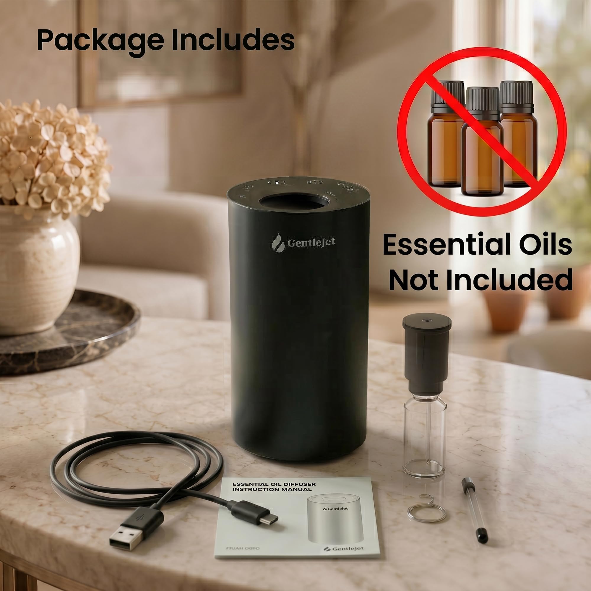 GentleJet LiteMist Waterless Nebulizing Essential Oil Diffuser – Cold Air Aromatherapy, USB-C Cordless 2000mAh Battery, Aluminum Portable for Home Office Car, 20ml