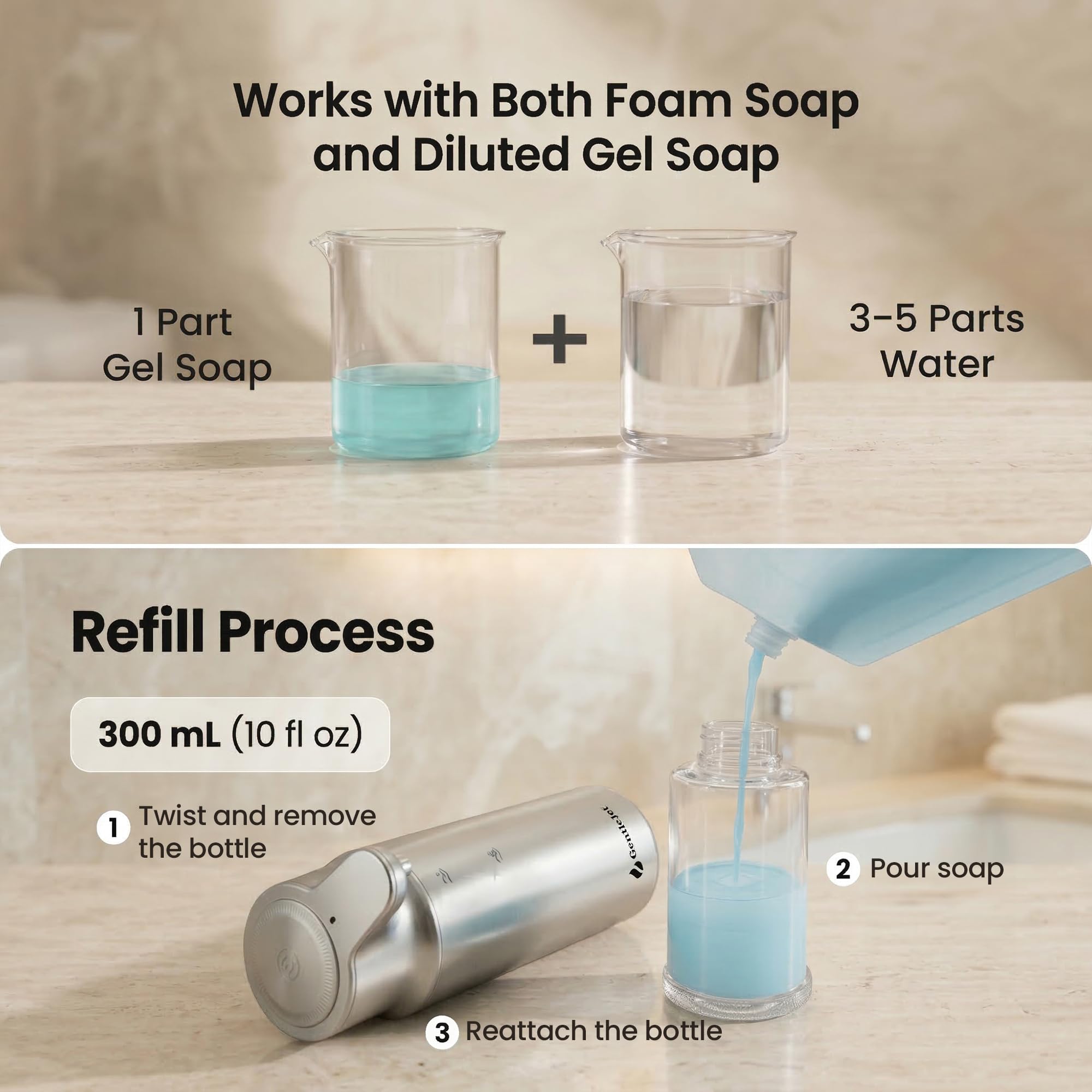 GentleJet CrystalJet Automatic Foaming Soap Dispenser – Touchless Sensor, USB-C Rechargeable, 304 Stainless Steel, IPX5 Waterproof for Bathroom Kitchen Sink, 10 fl oz / 300 ml