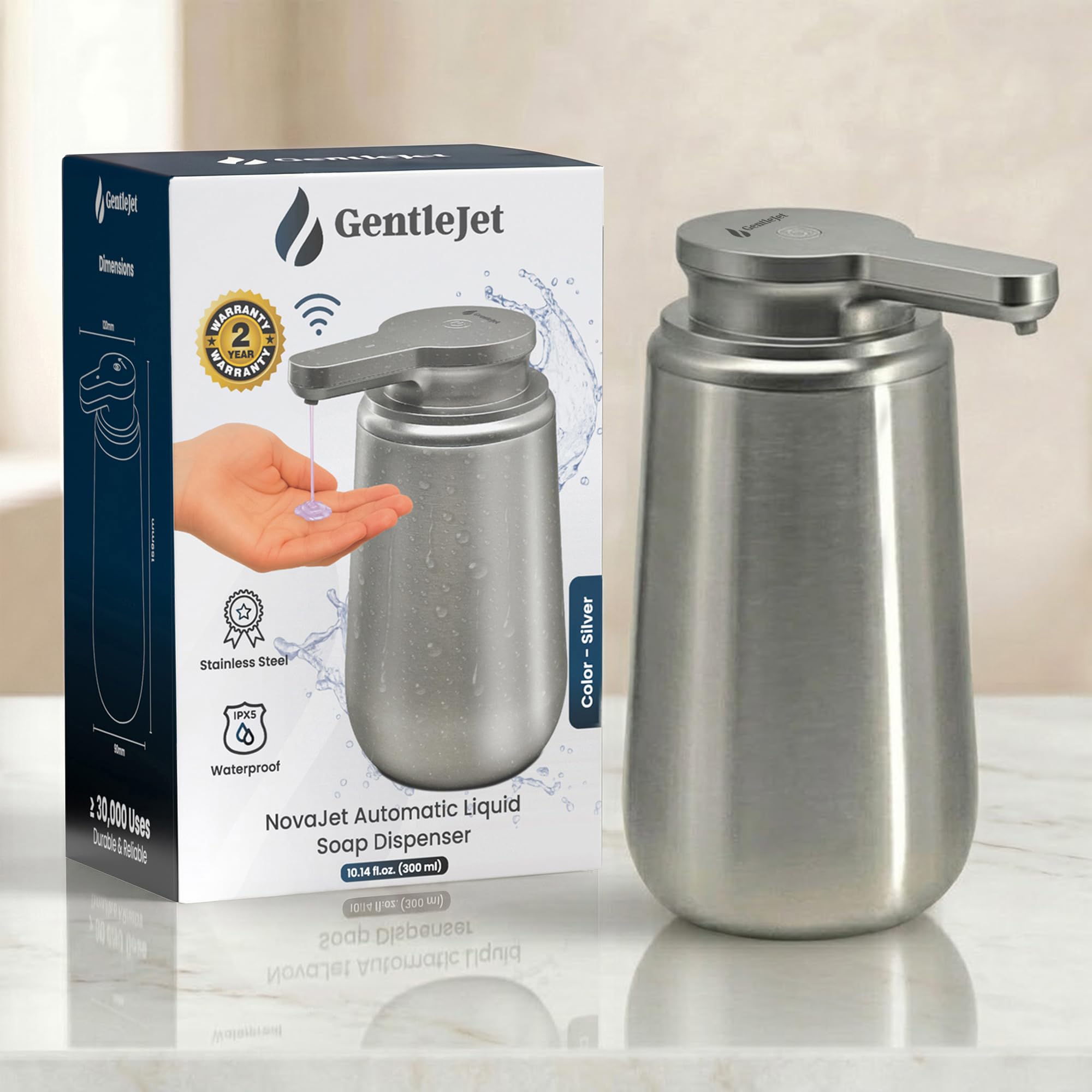 GentleJet NovaJet Automatic Liquid Soap Dispenser Touchless Sensor, USB-C Rechargeable, 304 Stainless Steel, IPX5 Waterproof for Bathroom Kitchen Sink, 10 oz / 300 ml