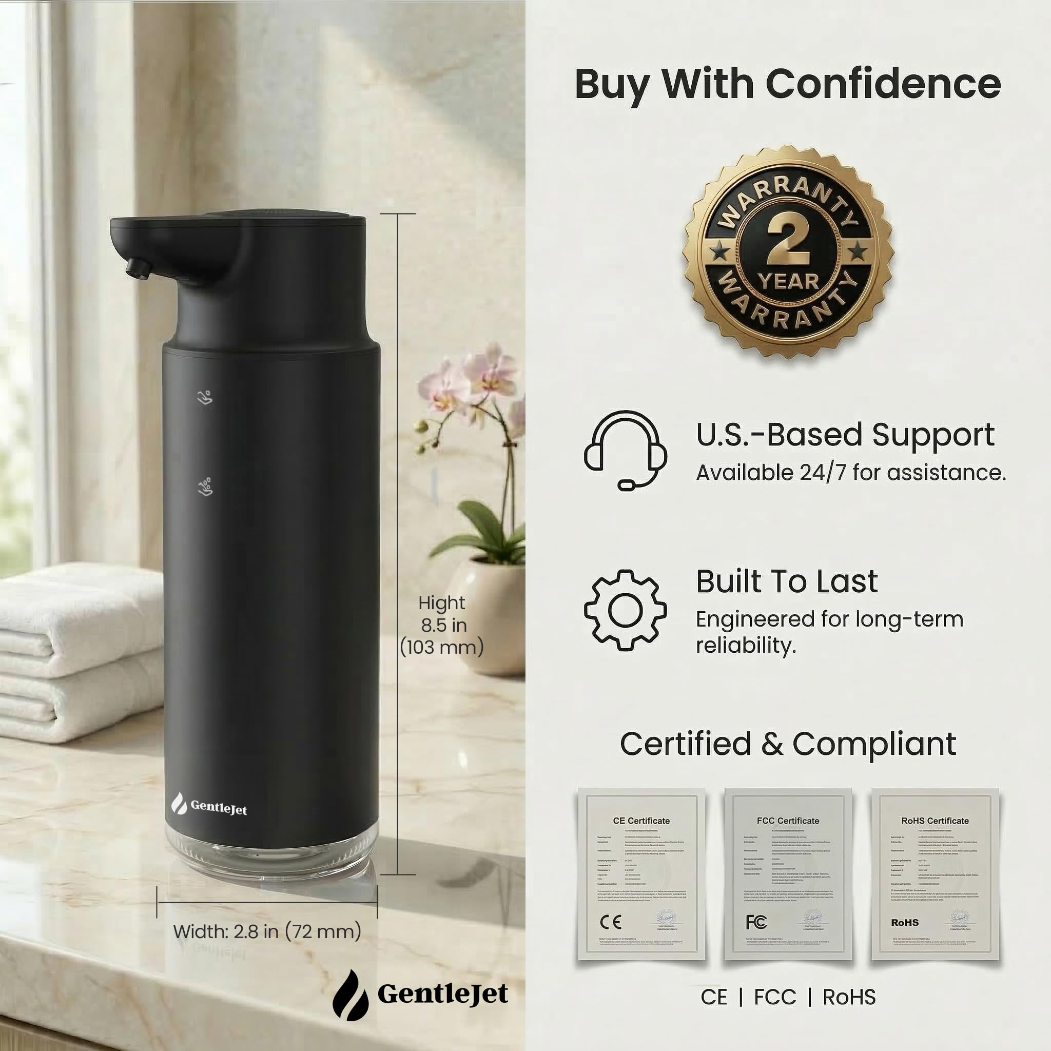 GentleJet CrystalJet Automatic Foaming Soap Dispenser – Touchless Sensor, USB-C Rechargeable, 304 Stainless Steel, IPX5 Waterproof for Bathroom Kitchen Sink, 10 fl oz / 300 ml