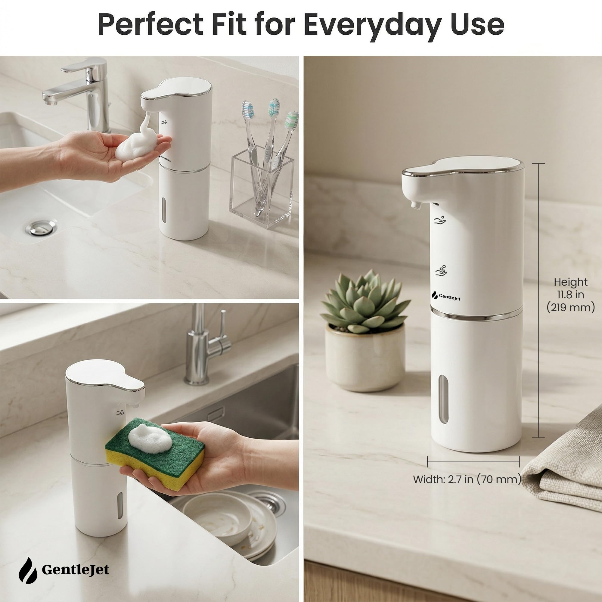 GentleJet JetFoam Automatic Foam Soap Dispenser Touchless Sensor, USB-C Rechargeable, Adjustable Output, IPX5 Waterproof, 300 ml, Bathroom & Kitchen Countertop