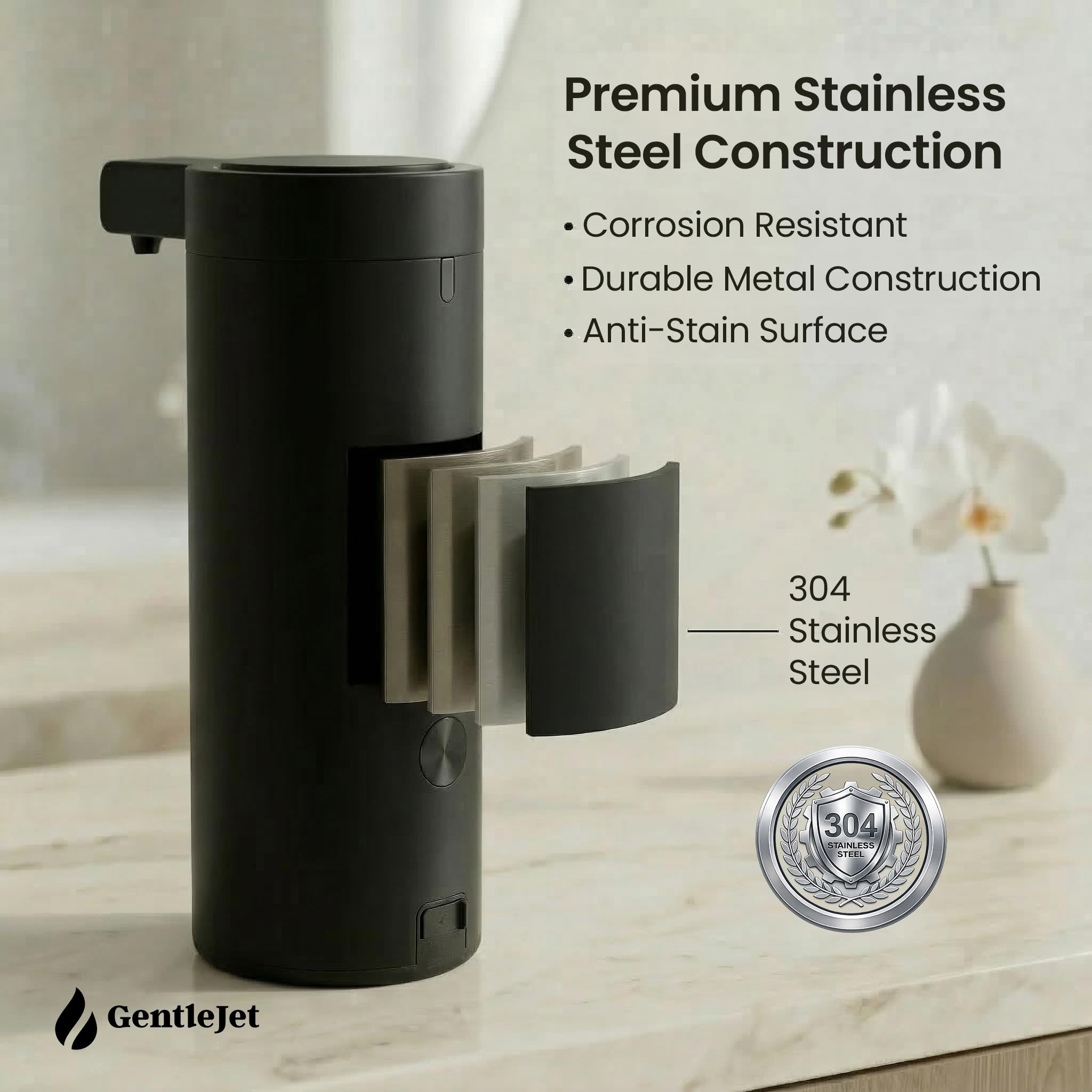GentleJet SmoothDrop Automatic Liquid Soap Dispenser – Touchless Sensor, USB-C Rechargeable, 304 Stainless Steel, IPX5 Waterproof for Bathroom Kitchen Sink, 9 oz / 270 ml