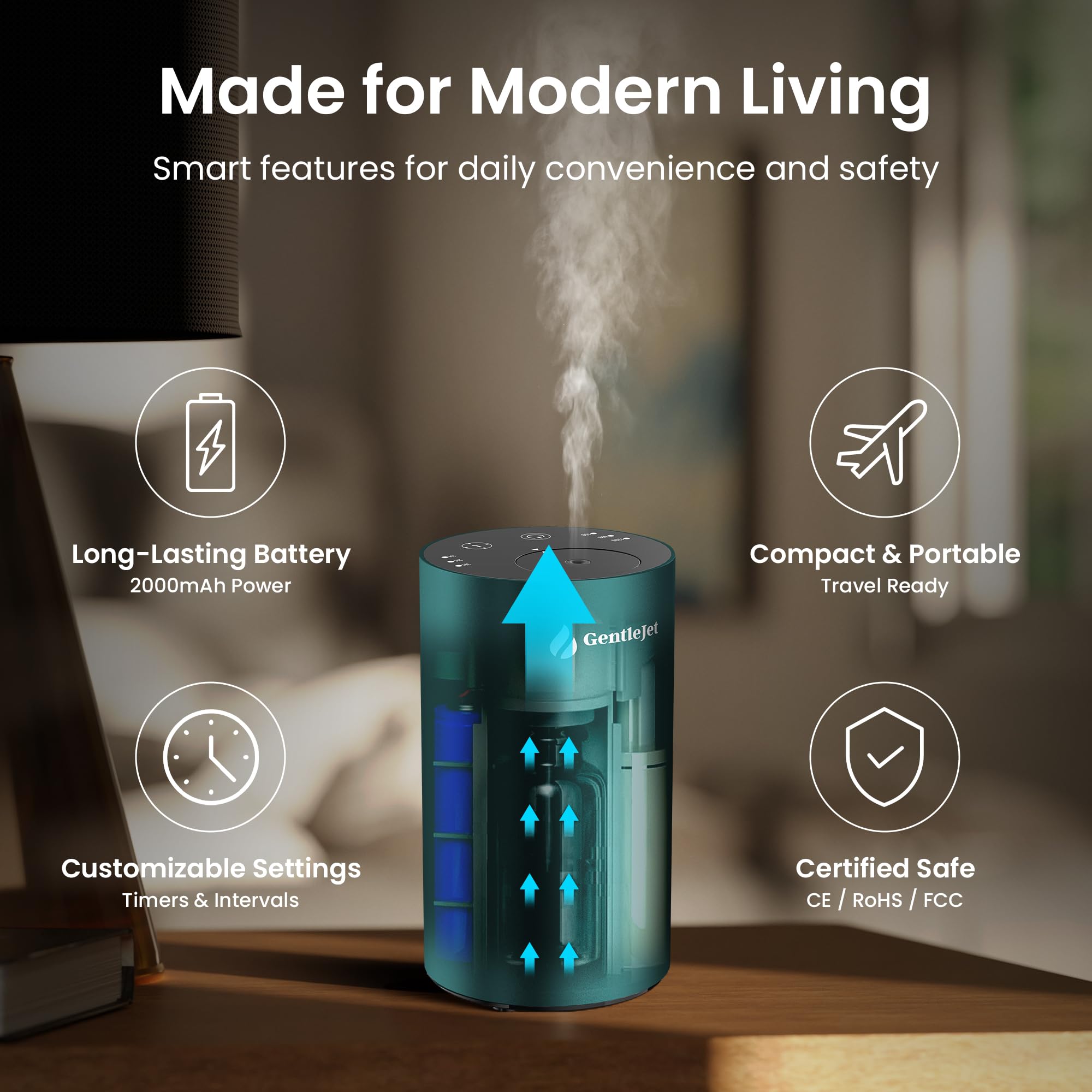 GentleJet LiteMist Waterless Nebulizing Essential Oil Diffuser – Cold Air Aromatherapy, USB-C Cordless 2000mAh Battery, Aluminum Portable for Home Office Car, 20ml