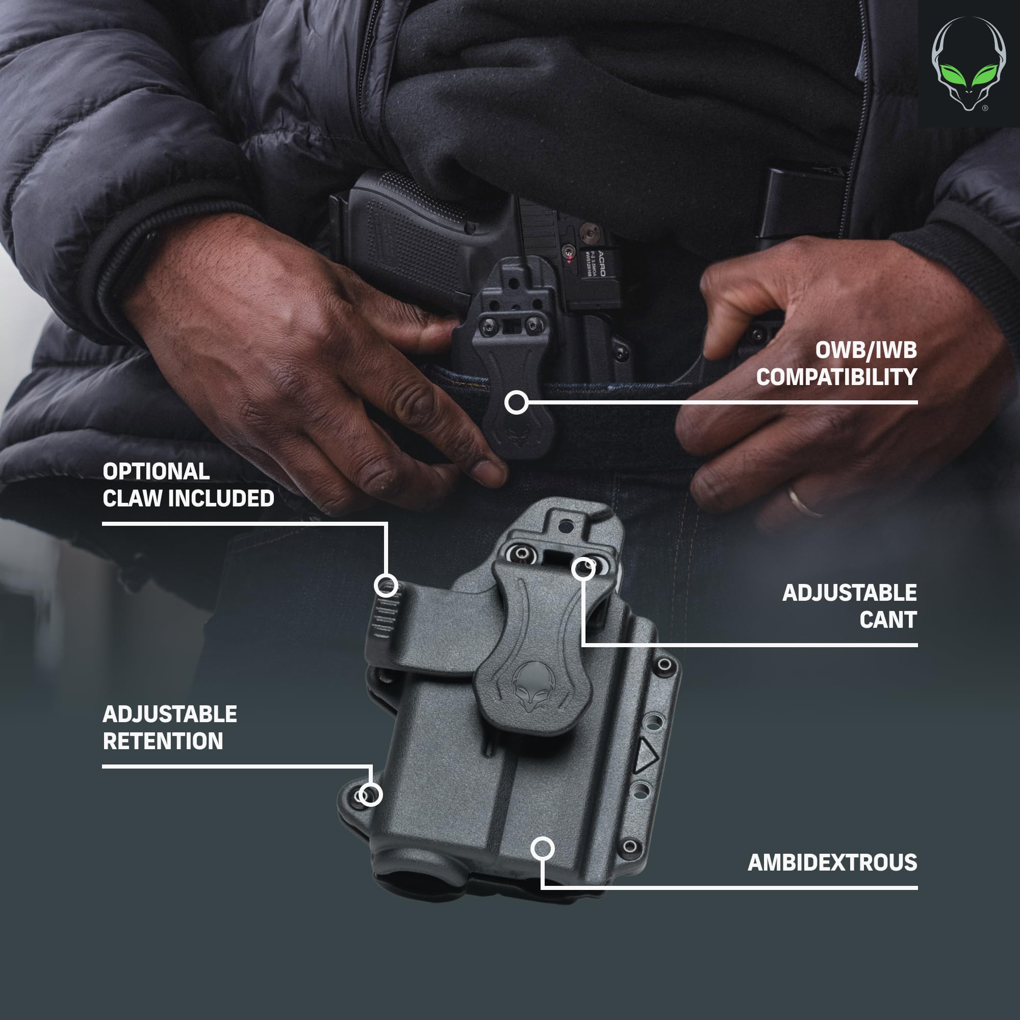 Alien Gear Photon Holster  Fits Sig P365 XL & P365 XL Spectre Comp  IWB & OWB  Ambidextrous  Optic Compatible  Compact Light Required (TLR-7 Sub/TCM-365 Only)  Made in USA