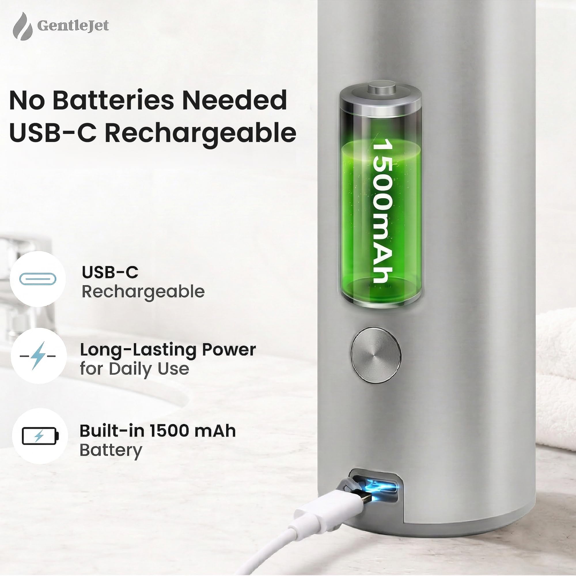 GentleJet OpalDrop Automatic Liquid Soap Dispenser – Touchless Sensor, USB-C Rechargeable, 304 Stainless Steel, IPX5 Water-Resistant for Kitchen Sink Bathroom, 9.13 oz / 270 ml