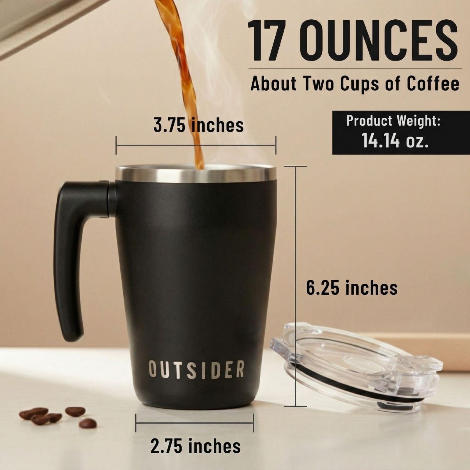 OUTSIDER The AM 17 oz Stainless Steel Vacuum Insulated Coffee Mug with 180 Rotating Swivel Handle and Lockable Spill Proof Lid  Travel Tumbler for Outdoor, Home & Office - Black