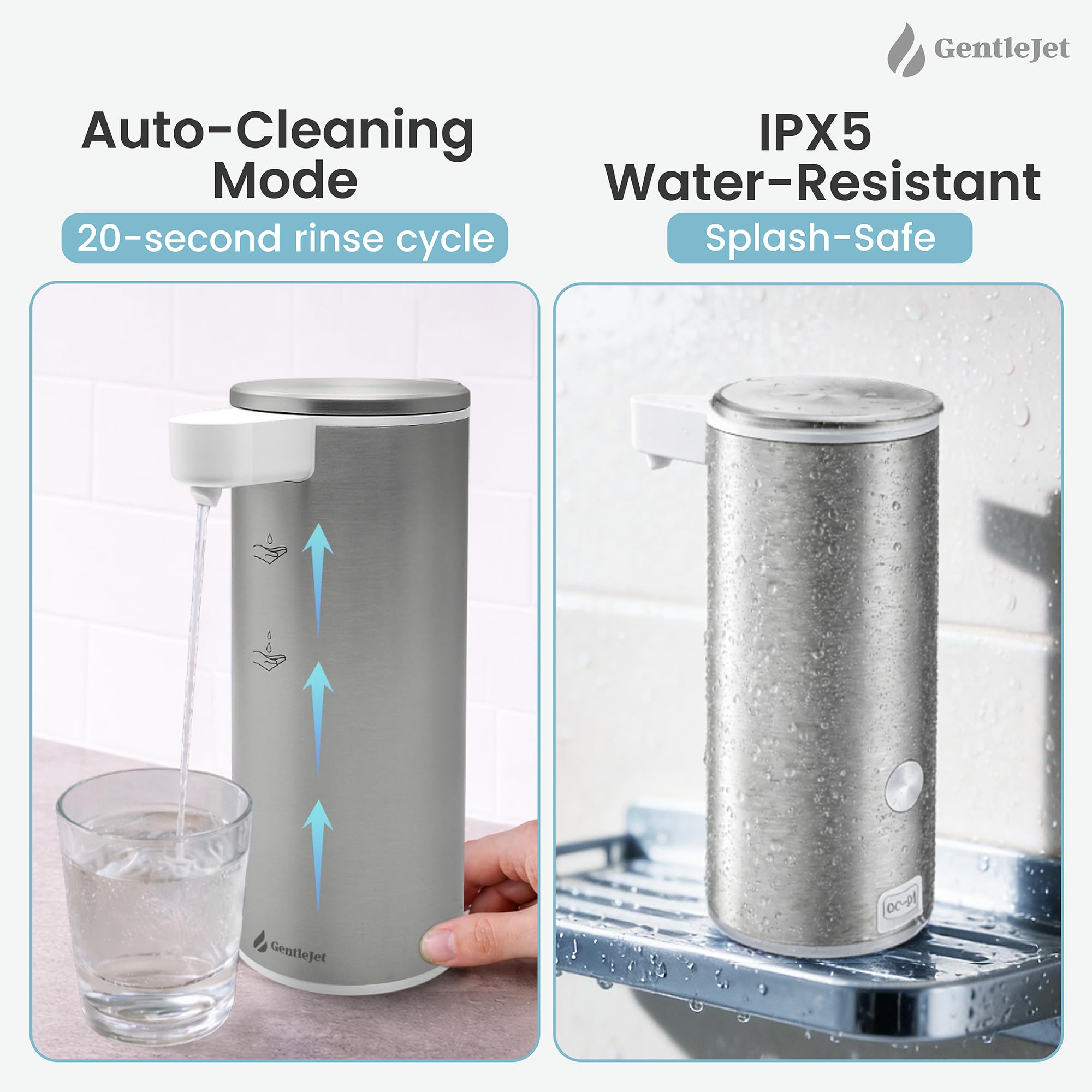 GentleJet OpalDrop Automatic Liquid Soap Dispenser – Touchless Sensor, USB-C Rechargeable, 304 Stainless Steel, IPX5 Water-Resistant for Kitchen Sink Bathroom, 9.13 oz / 270 ml