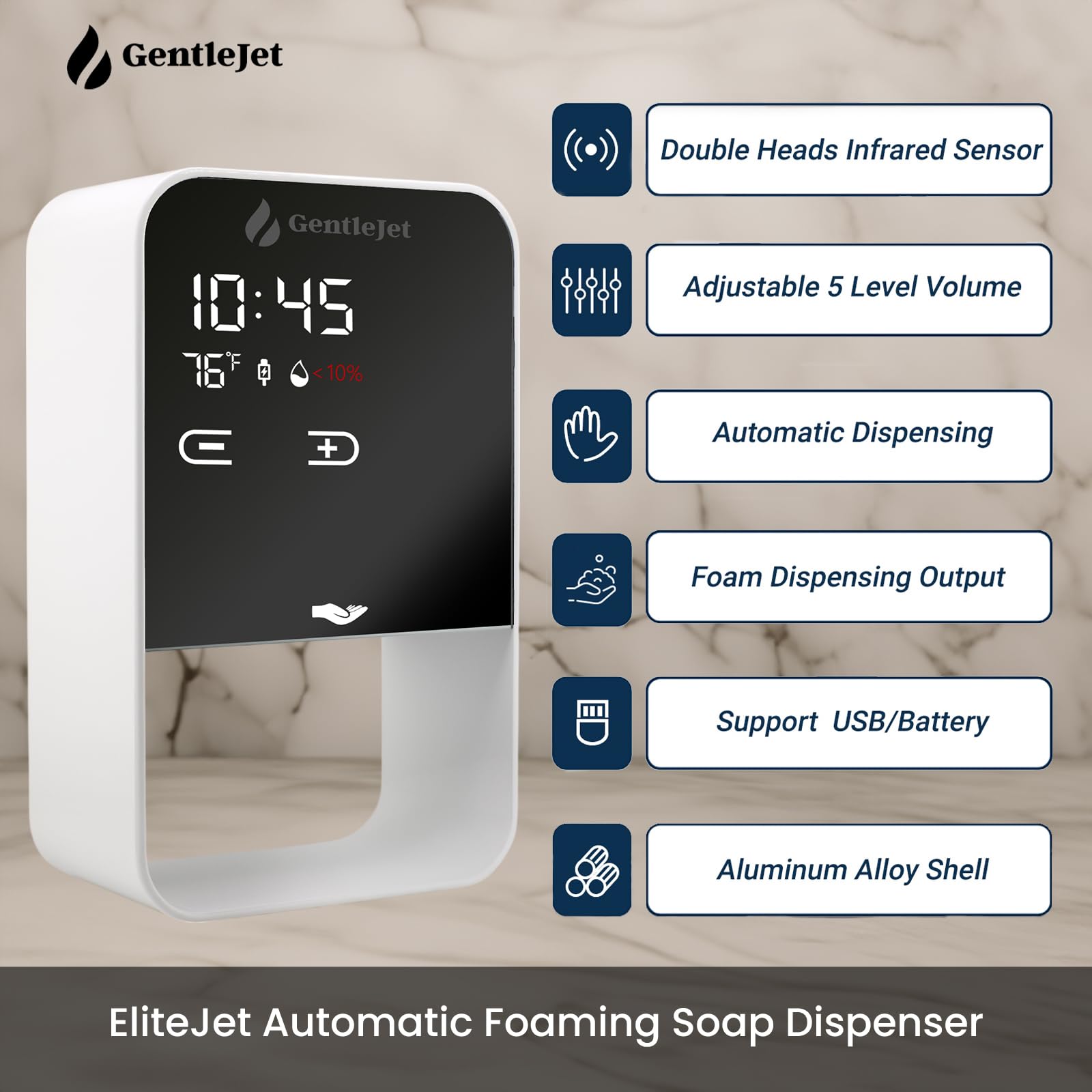 GentleJet EliteJet Automatic Foaming Soap Dispenser Touchless Sensor, LED Display, 5 Foam Levels, Wall Mount or Countertop, Rechargable USB-C or Battery Powered, Aluminum Alloy, 480 ml Refillable