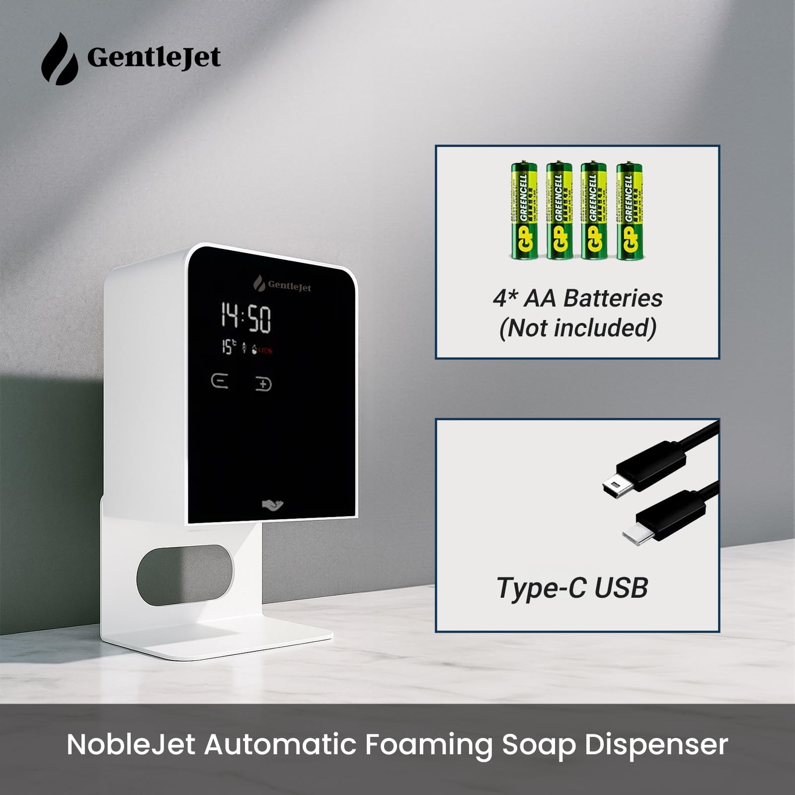 GentleJet NobleJet Automatic Foaming Soap Dispenser Touchless Sensor, LED Display, 5 Foam Levels, Wall Mount or Countertop, Rechargable USB-C or Battery Powered, Aluminum Alloy, 480 ml Refillable
