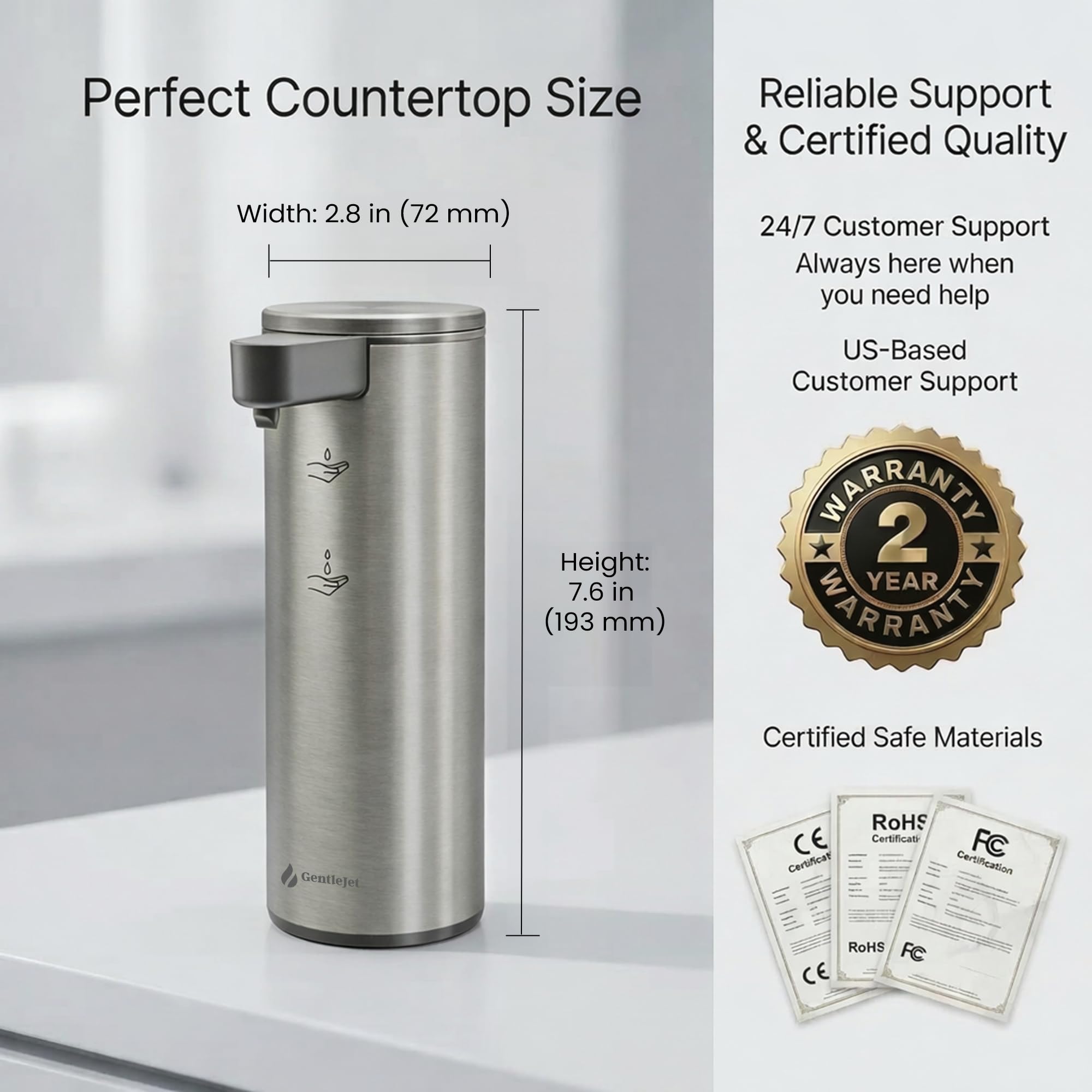 GentleJet OpalDrop Automatic Liquid Soap Dispenser – Touchless Sensor, USB-C Rechargeable, 304 Stainless Steel, IPX5 Water-Resistant for Kitchen Sink Bathroom, 9.13 oz / 270 ml