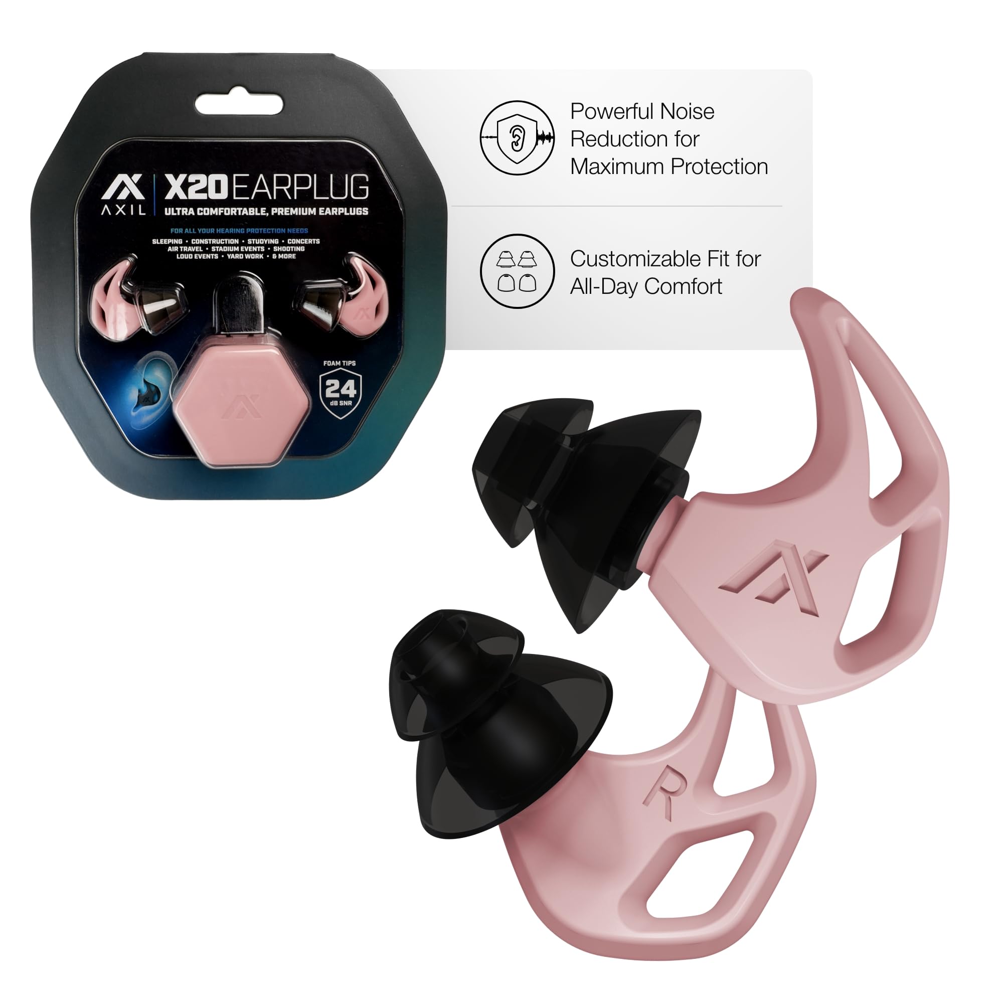 AXIL X20 Noise Reduction Ear Plugs, 24dB Hearing Protection, Pink