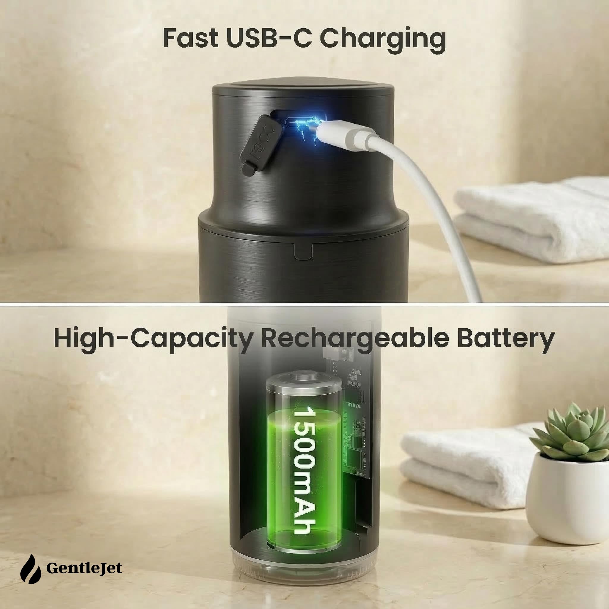 GentleJet CrystalJet Automatic Foaming Soap Dispenser – Touchless Sensor, USB-C Rechargeable, 304 Stainless Steel, IPX5 Waterproof for Bathroom Kitchen Sink, 10 fl oz / 300 ml