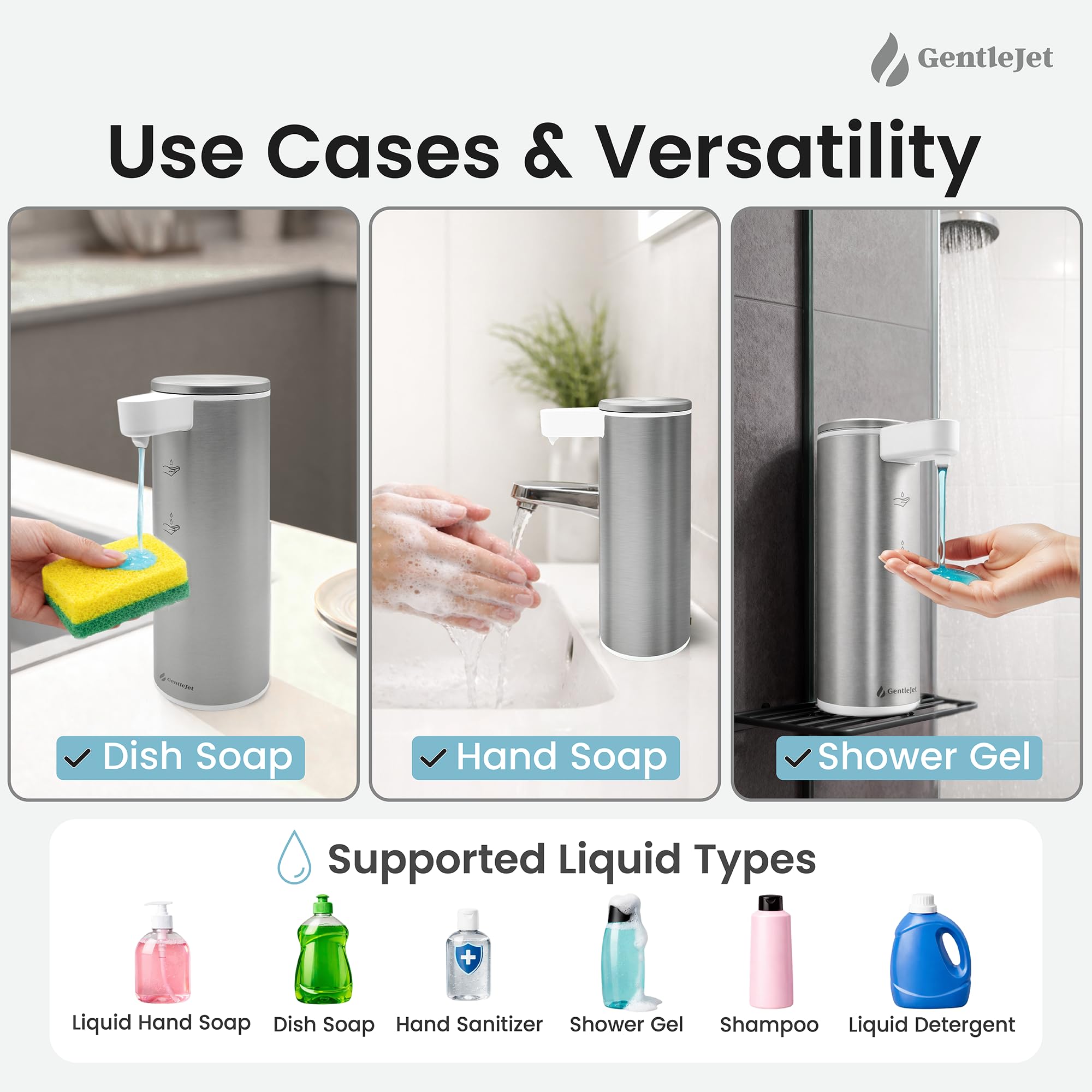 GentleJet OpalDrop Automatic Liquid Soap Dispenser – Touchless Sensor, USB-C Rechargeable, 304 Stainless Steel, IPX5 Water-Resistant for Kitchen Sink Bathroom, 9.13 oz / 270 ml