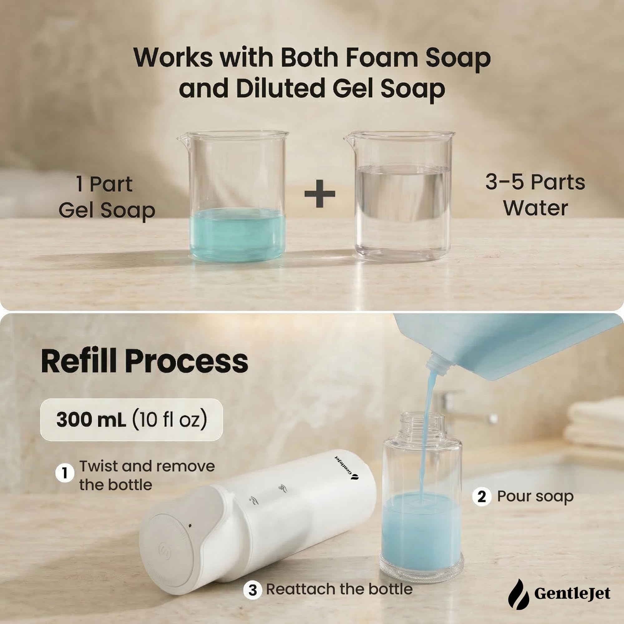 GentleJet CrystalJet Automatic Foaming Soap Dispenser – Touchless Sensor, USB-C Rechargeable, 304 Stainless Steel, IPX5 Waterproof for Bathroom Kitchen Sink, 10 fl oz / 300 ml