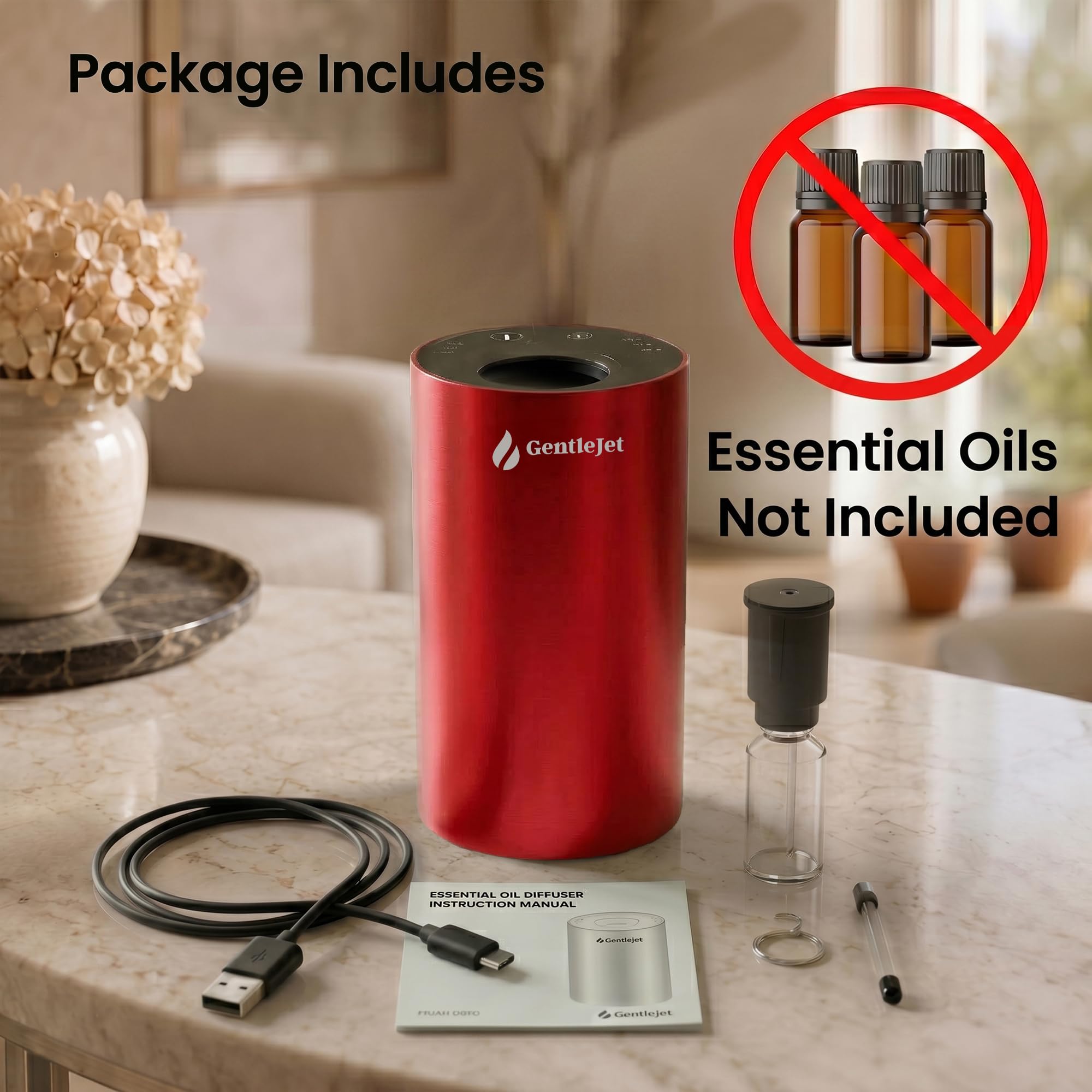 GentleJet LiteMist Waterless Nebulizing Essential Oil Diffuser – Cold Air Aromatherapy, USB-C Cordless 2000mAh Battery, Aluminum Portable for Home Office Car, 20ml