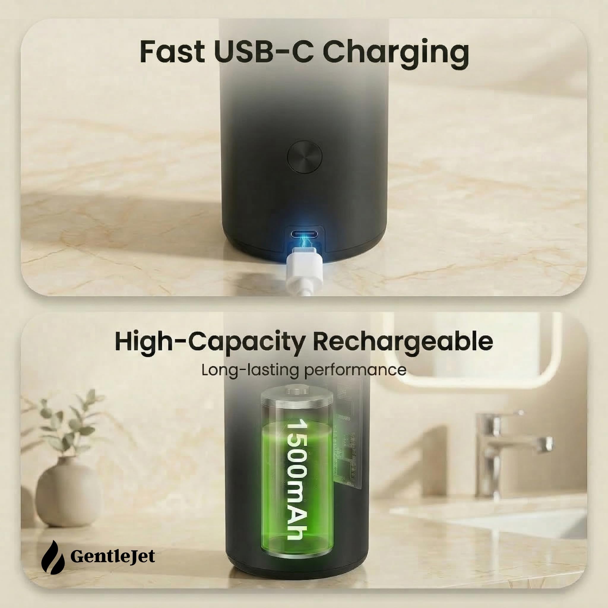 GentleJet SmoothDrop Automatic Liquid Soap Dispenser – Touchless Sensor, USB-C Rechargeable, 304 Stainless Steel, IPX5 Waterproof for Bathroom Kitchen Sink, 9 oz / 270 ml
