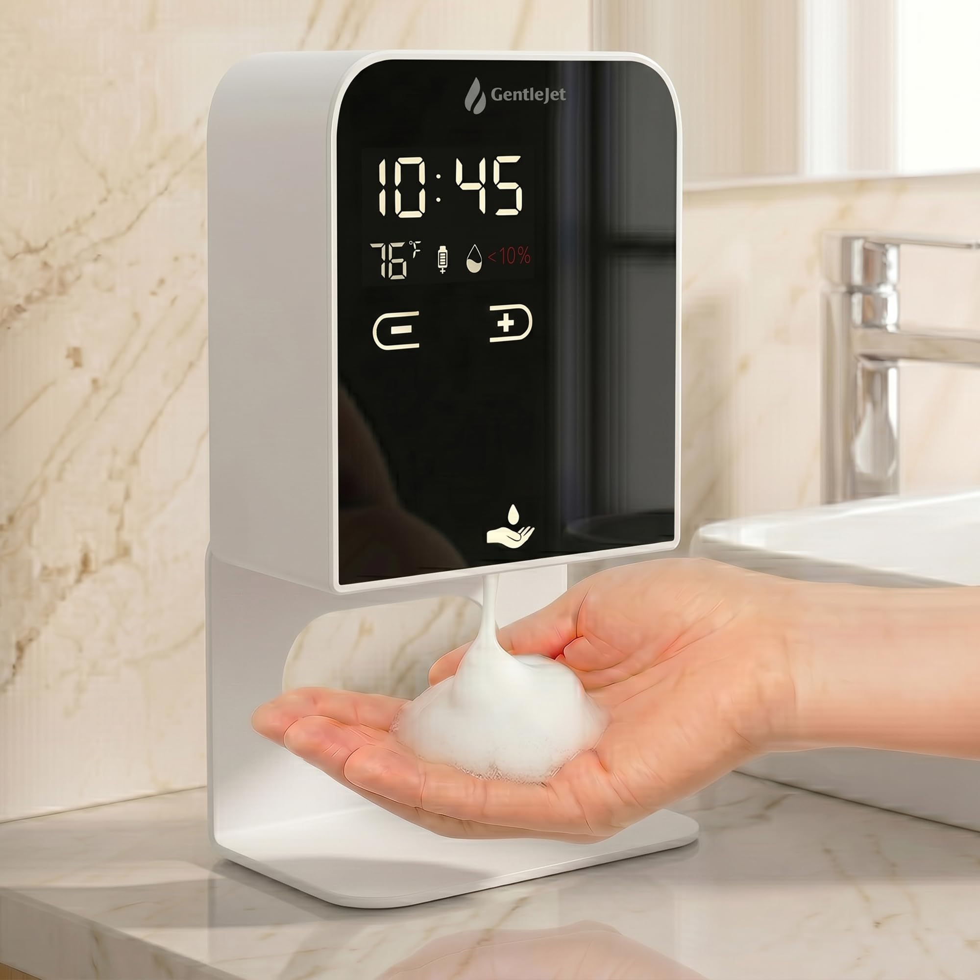 GentleJet NobleJet Automatic Foaming Soap Dispenser Touchless Sensor, LED Display, 5 Foam Levels, Wall Mount or Countertop, Rechargable USB-C or Battery Powered, Aluminum Alloy, 480 ml Refillable