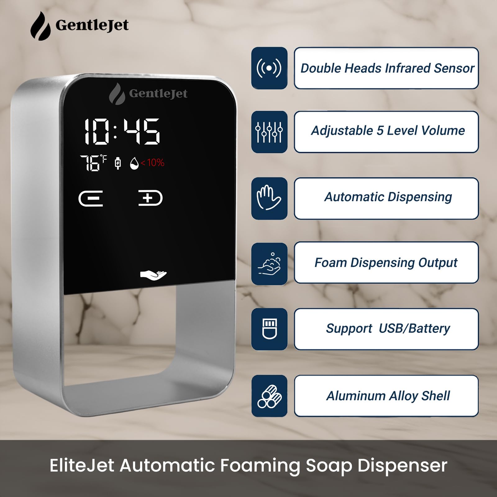 GentleJet EliteJet Automatic Foaming Soap Dispenser Touchless Sensor, LED Display, 5 Foam Levels, Wall Mount or Countertop, Rechargable USB-C or Battery Powered, Aluminum Alloy, 480 ml Refillable