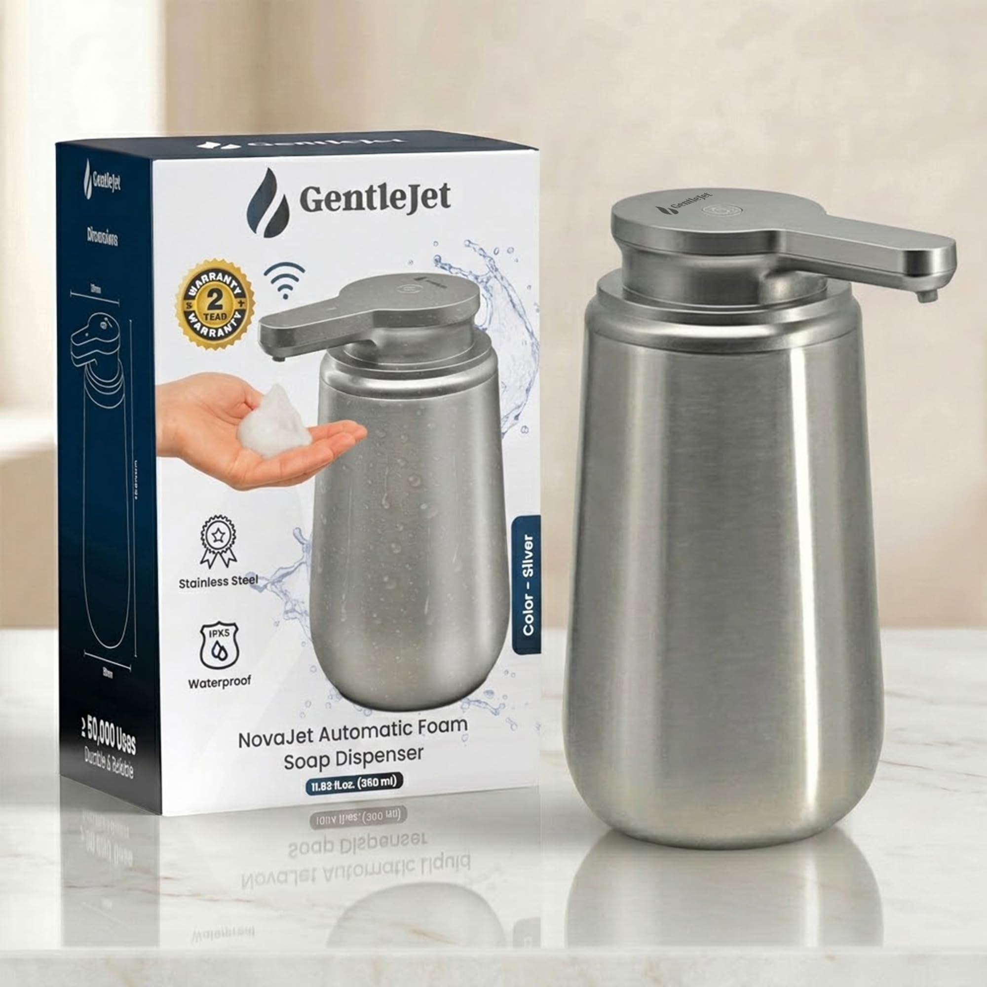 GentleJet NovaJet Automatic Foaming Soap Dispenser Touchless Sensor, USB-C Rechargeable, 304 Stainless Steel, IPX5 Waterproof for Bathroom Kitchen Sink, 12 oz / 350 ml
