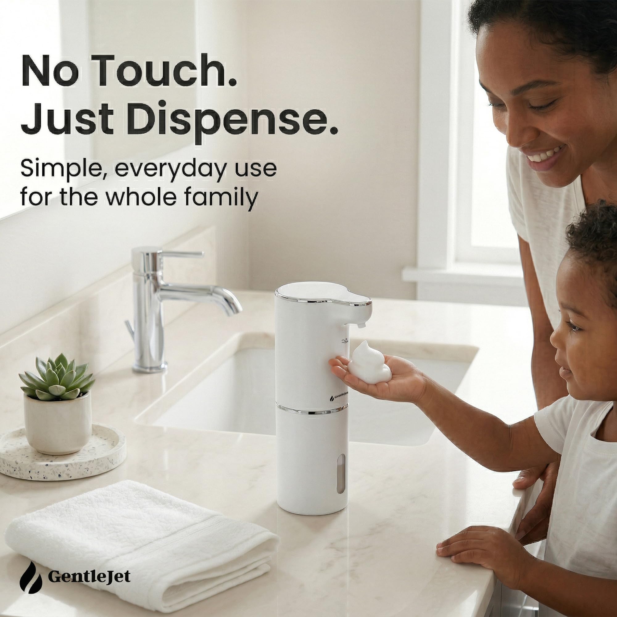 GentleJet JetFoam Automatic Foam Soap Dispenser Touchless Sensor, USB-C Rechargeable, Adjustable Output, IPX5 Waterproof, 300 ml, Bathroom & Kitchen Countertop