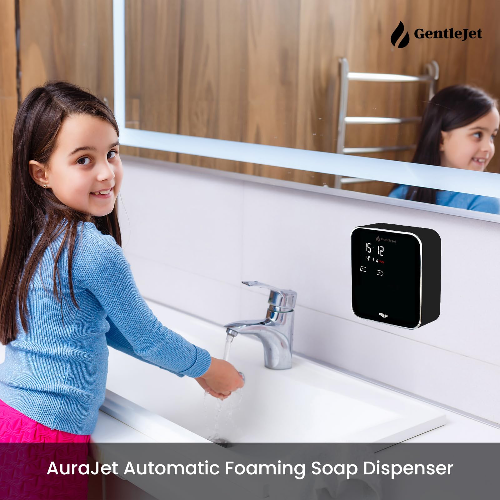 GentleJet AuraJet Automatic Foaming Soap Dispenser Wall Mount  Touchless Sensor, LED Display, 5 Foam Levels, Rechargable USB-C or Battery Powered, Aluminum Alloy, 480 ml Refillable
