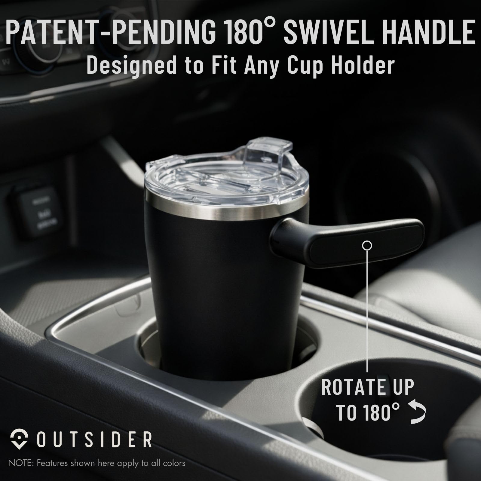 OUTSIDER The AM 17 oz Stainless Steel Vacuum Insulated Coffee Mug with 180 Rotating Swivel Handle and Lockable Spill Proof Lid  Travel Tumbler for Outdoor, Home & Office - Black