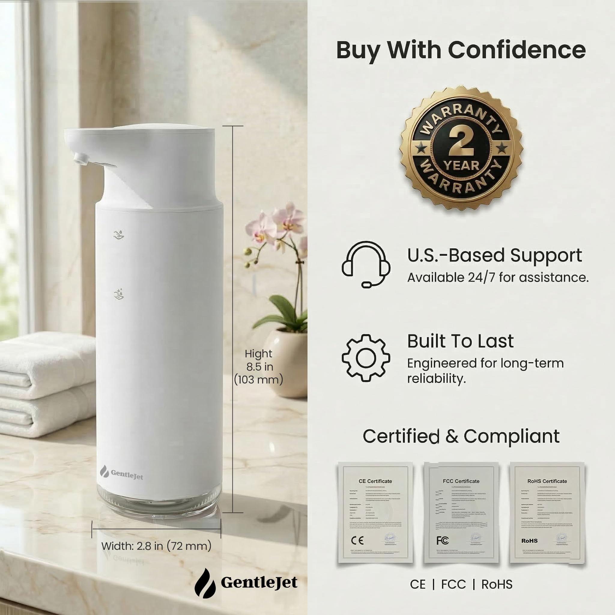 GentleJet CrystalJet Automatic Liquid Soap Dispenser – Touchless Sensor, USB-C Rechargeable, 304 Stainless Steel, IPX5 Waterproof for Bathroom Kitchen Sink, 10 fl oz / 300 ml