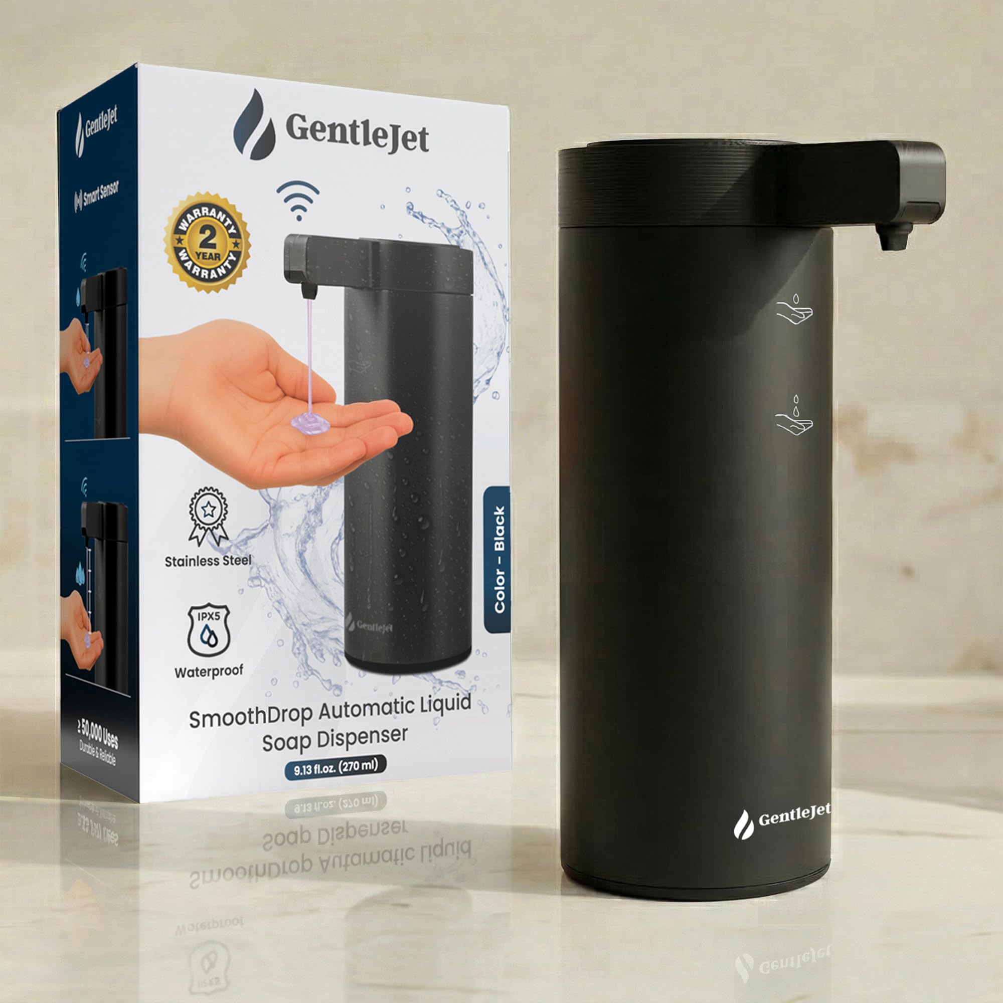 GentleJet SmoothDrop Automatic Liquid Soap Dispenser – Touchless Sensor, USB-C Rechargeable, 304 Stainless Steel, IPX5 Waterproof for Bathroom Kitchen Sink, 9 oz / 270 ml