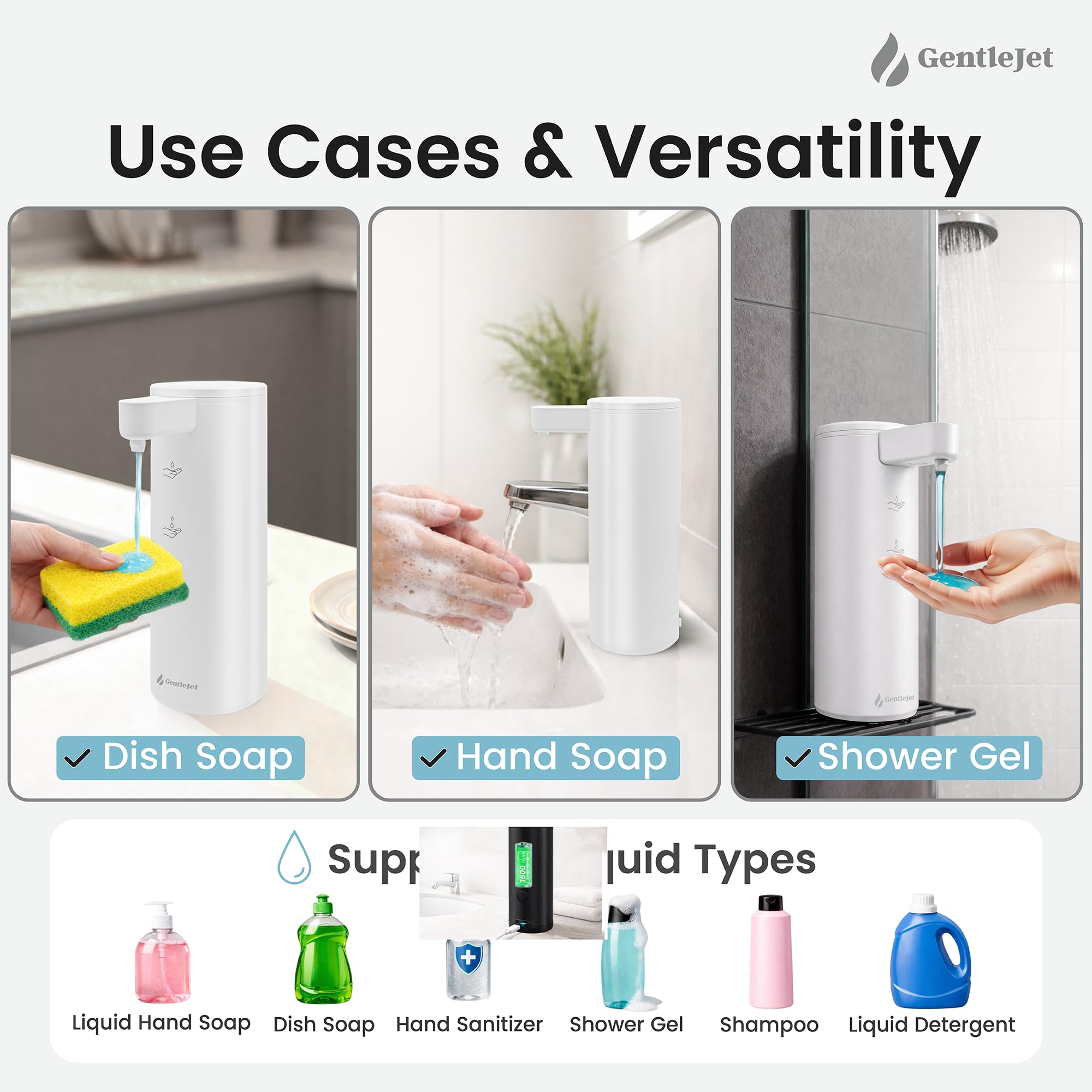 GentleJet OpalDrop Automatic Liquid Soap Dispenser – Touchless Sensor, USB-C Rechargeable, 304 Stainless Steel, IPX5 Water-Resistant for Kitchen Sink Bathroom, 9.13 oz / 270 ml
