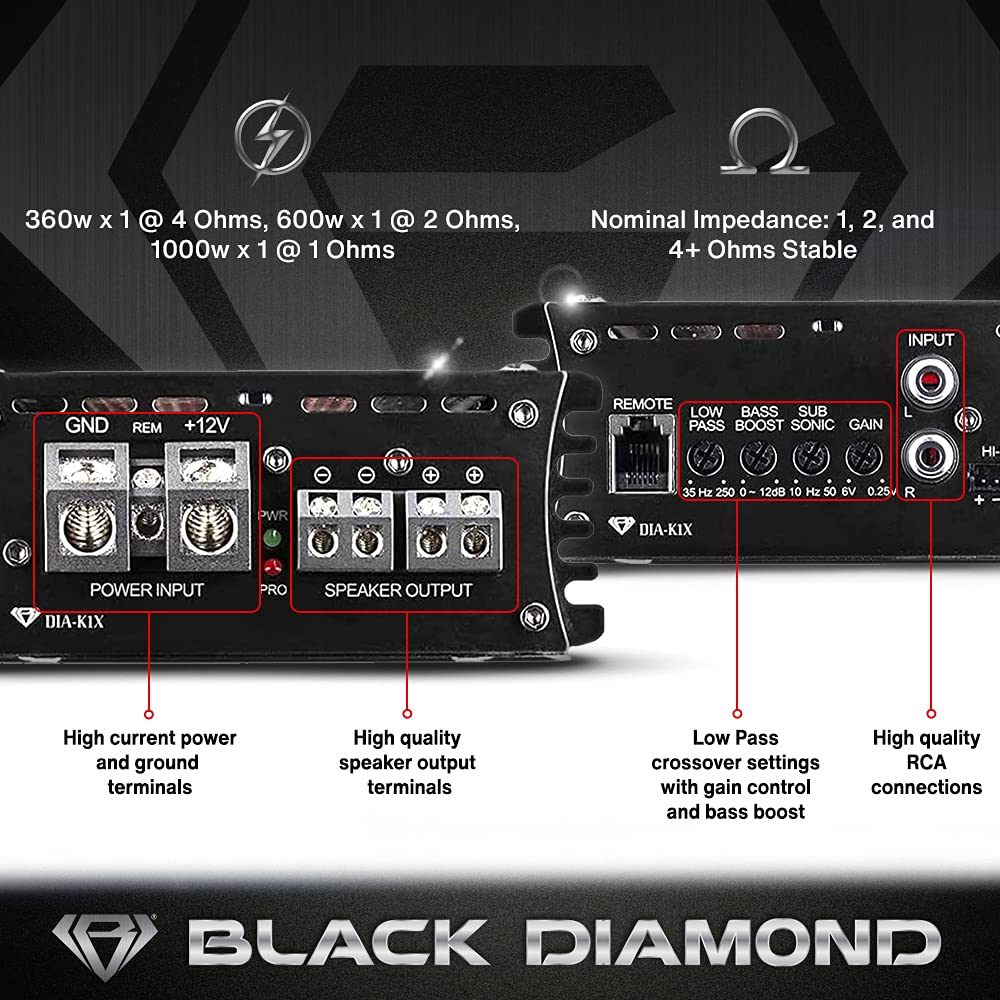Black Diamond Dia-K1 1-Channel Monoblock Car Amplifier – Class D, 1800W Max, 250W RMS @ 4Ω, Remote Bass Knob, Overload & Thermal Protection