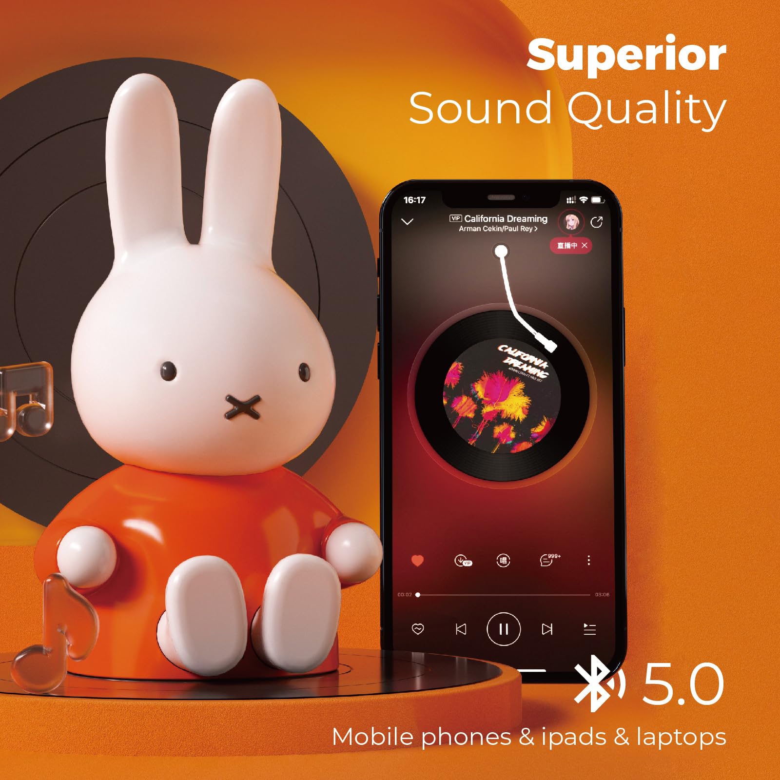Miffy Portable Bluetooth Speakers, Cute Portable Wireless Speakers with Loud Stereo Sound, Built-in Mic, TF-Card Slot, Dual Pairing,40H Playtime for Room, Desk Decor, for her (Orange)