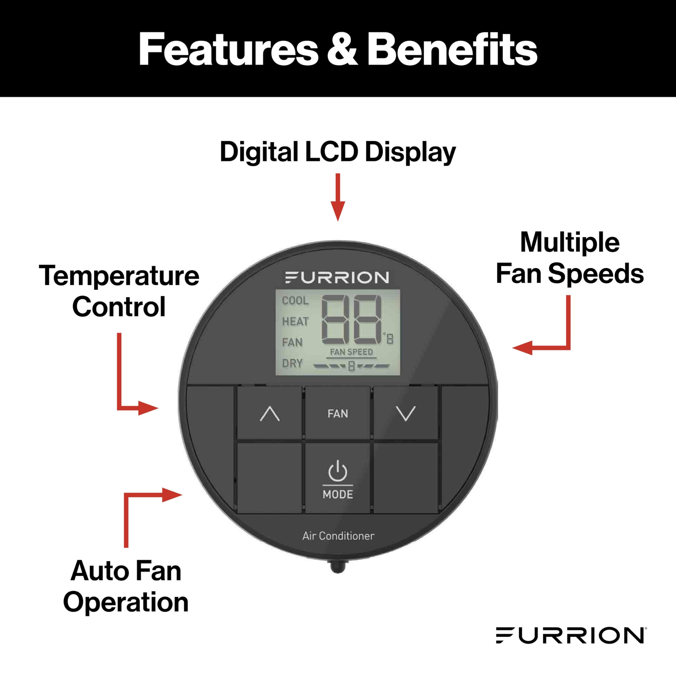 Furrion Chill HE RV Thermostat Single Zone Wall Control, Backlit LCD, Heat Cool Fan Dry Modes, 2 Fan Speeds Auto Fan, 12V, Compatible with Furrion Chill HE Systems - FACW10ESSA-BL