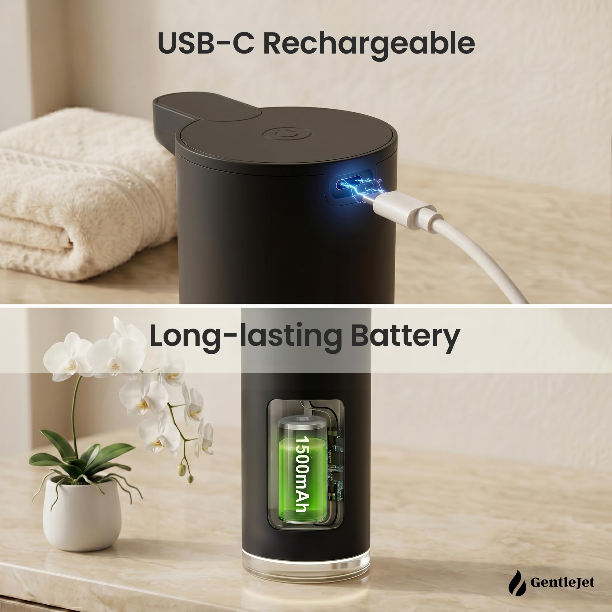 GentleJet EasyFoam Automatic Foaming Soap Dispenser – Touchless Sensor, USB-C Rechargeable, 304 Stainless Steel, IPX5 Waterproof for Bathroom Kitchen Sink, 9.5 oz / 280 ml