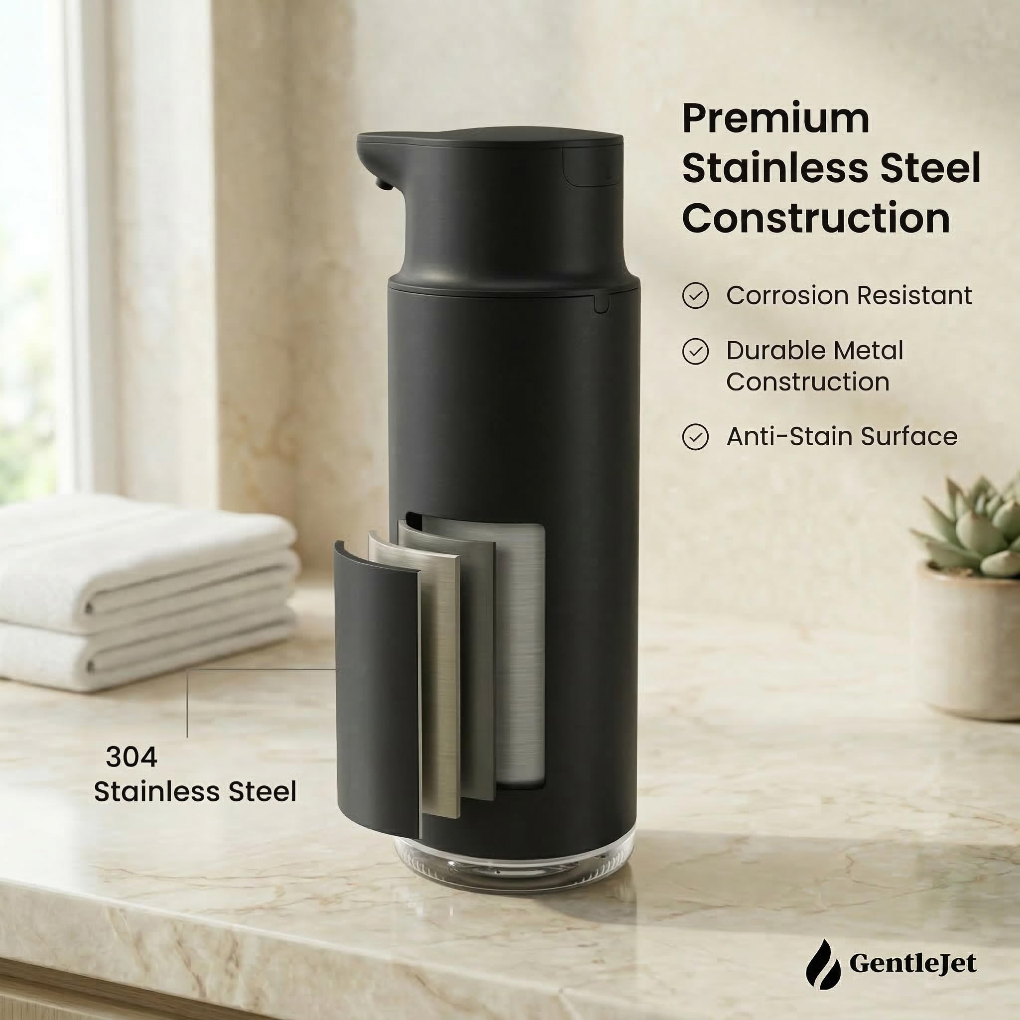 GentleJet CrystalJet Automatic Foaming Soap Dispenser – Touchless Sensor, USB-C Rechargeable, 304 Stainless Steel, IPX5 Waterproof for Bathroom Kitchen Sink, 10 fl oz / 300 ml