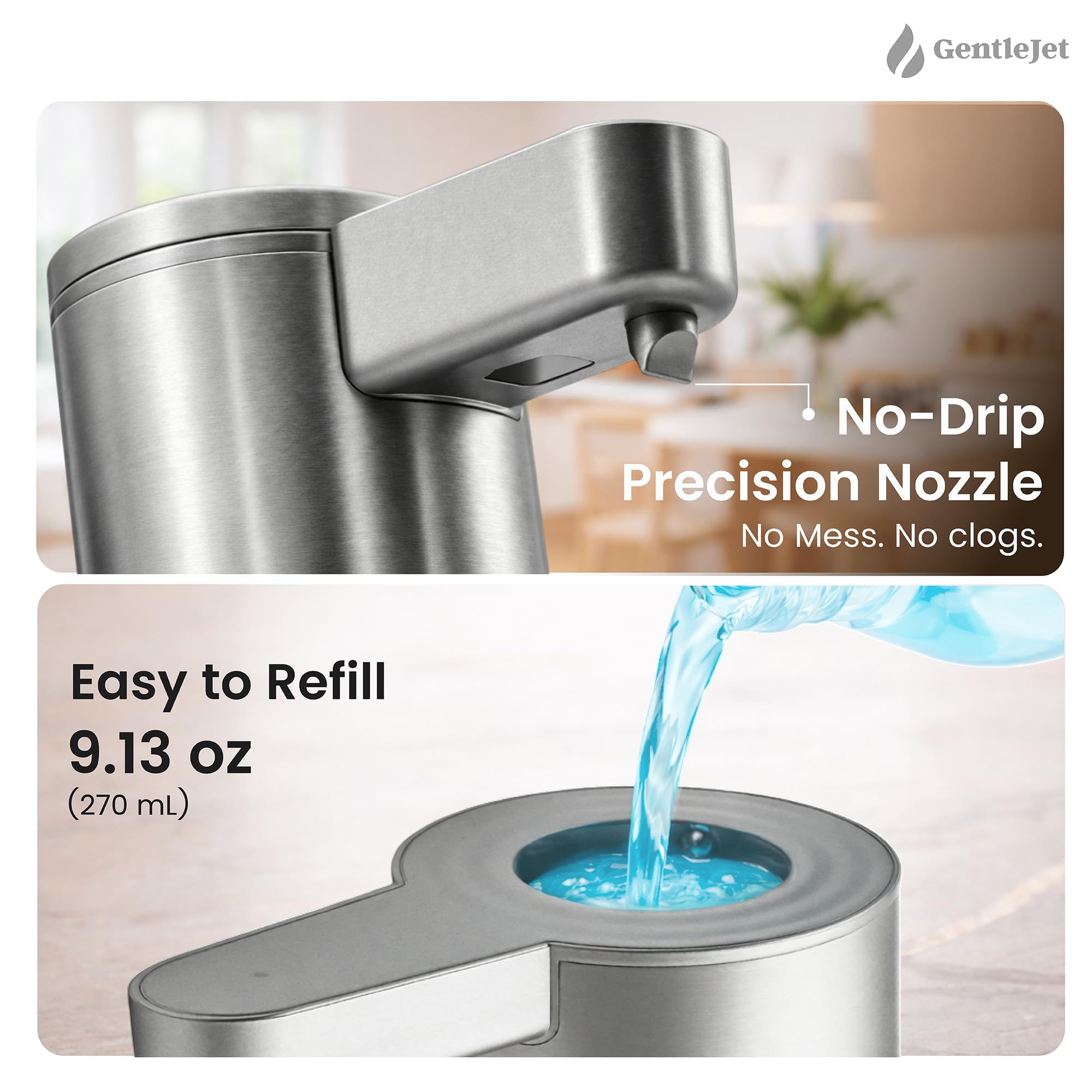 GentleJet OpalDrop Automatic Liquid Soap Dispenser – Touchless Sensor, USB-C Rechargeable, 304 Stainless Steel, IPX5 Water-Resistant for Kitchen Sink Bathroom, 9.13 oz / 270 ml