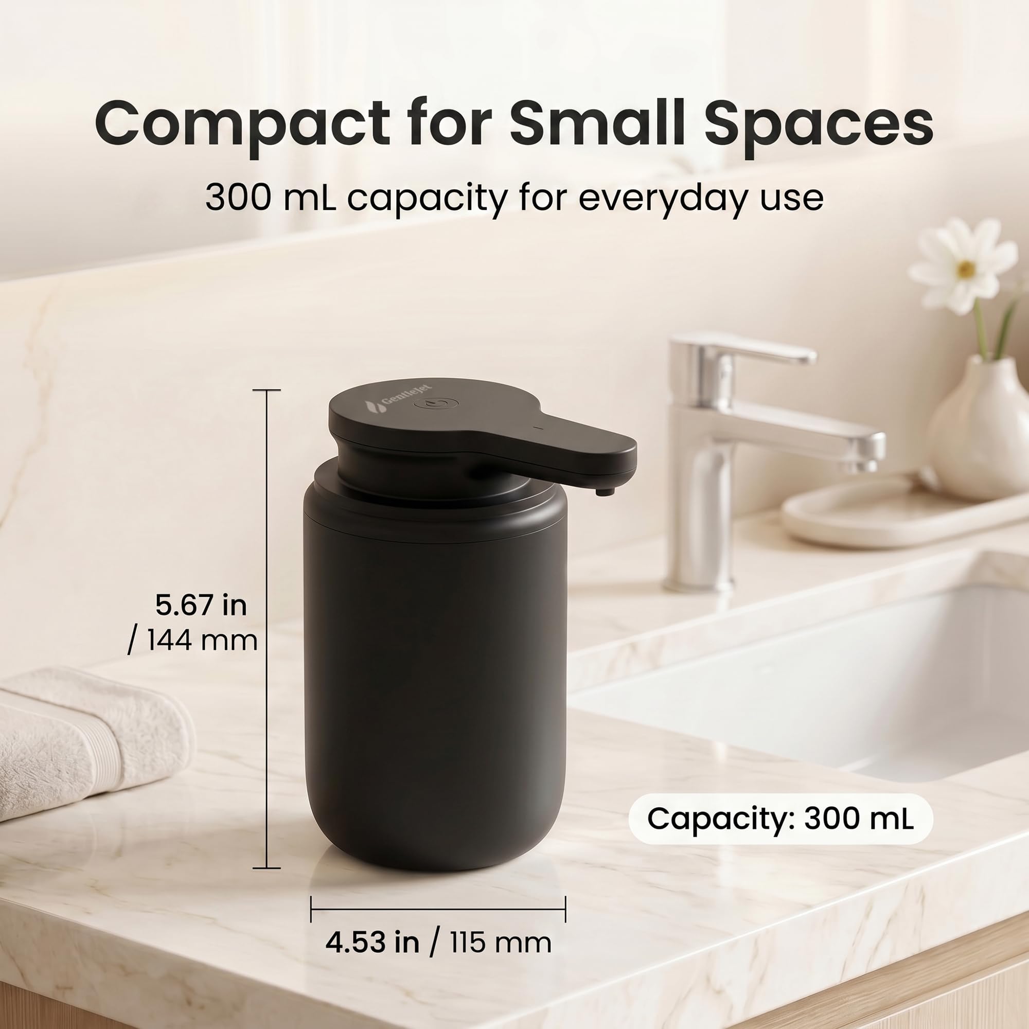 GentleJet SimpleFoam Automatic Foaming Soap Dispenser Touchless - Rechargeable Sensor Soap Dispenser for Bathroom & Kitchen Sink, Dual Foam Levels, Auto-Clean, IPX5 Waterproof