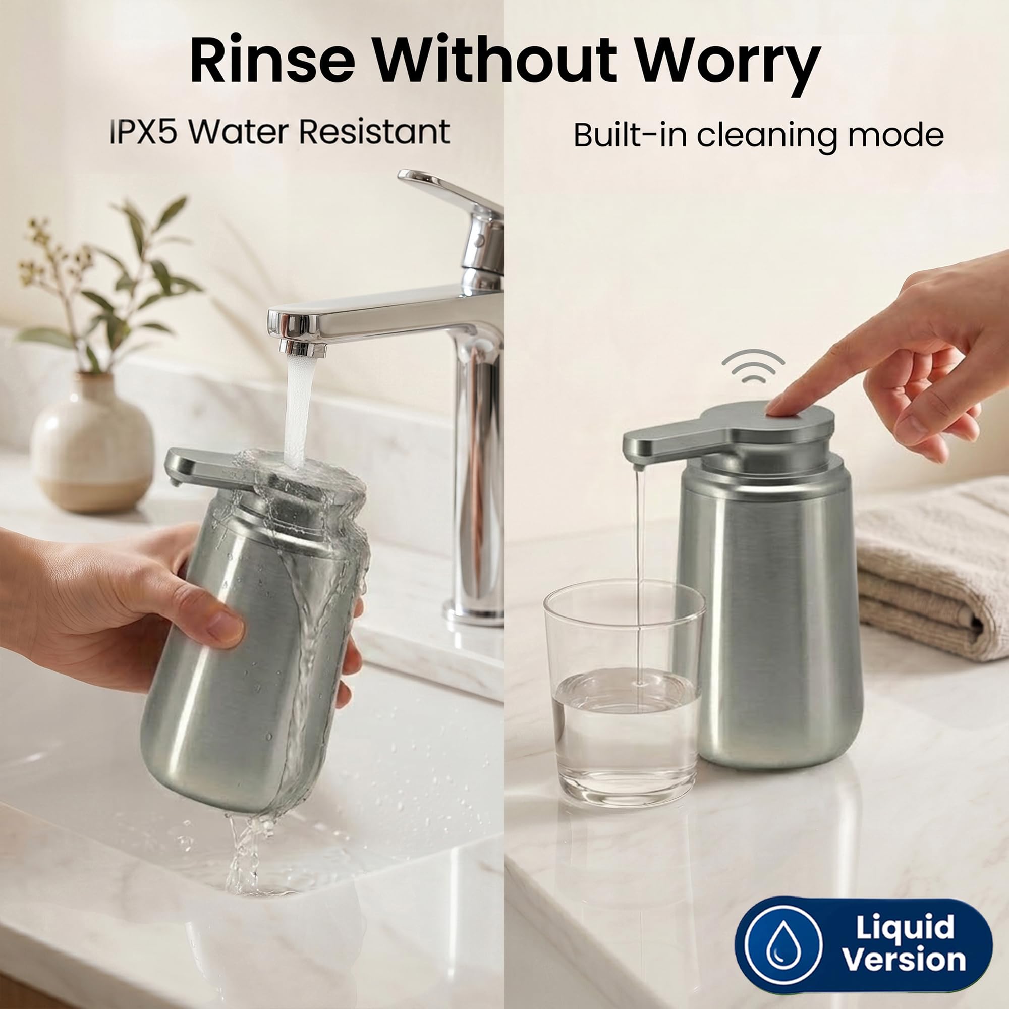 GentleJet NovaJet Automatic Liquid Soap Dispenser Touchless Sensor, USB-C Rechargeable, 304 Stainless Steel, IPX5 Waterproof for Bathroom Kitchen Sink, 10 oz / 300 ml