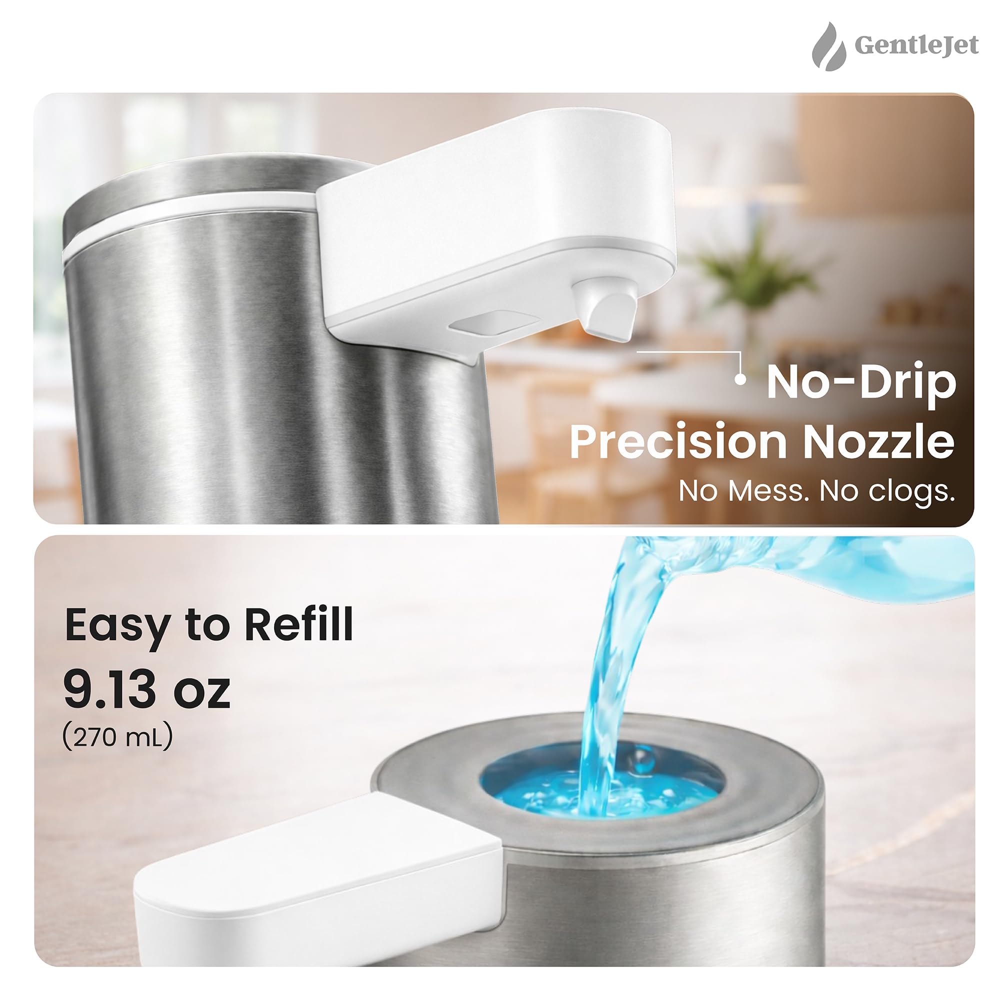 GentleJet OpalDrop Automatic Liquid Soap Dispenser – Touchless Sensor, USB-C Rechargeable, 304 Stainless Steel, IPX5 Water-Resistant for Kitchen Sink Bathroom, 9.13 oz / 270 ml