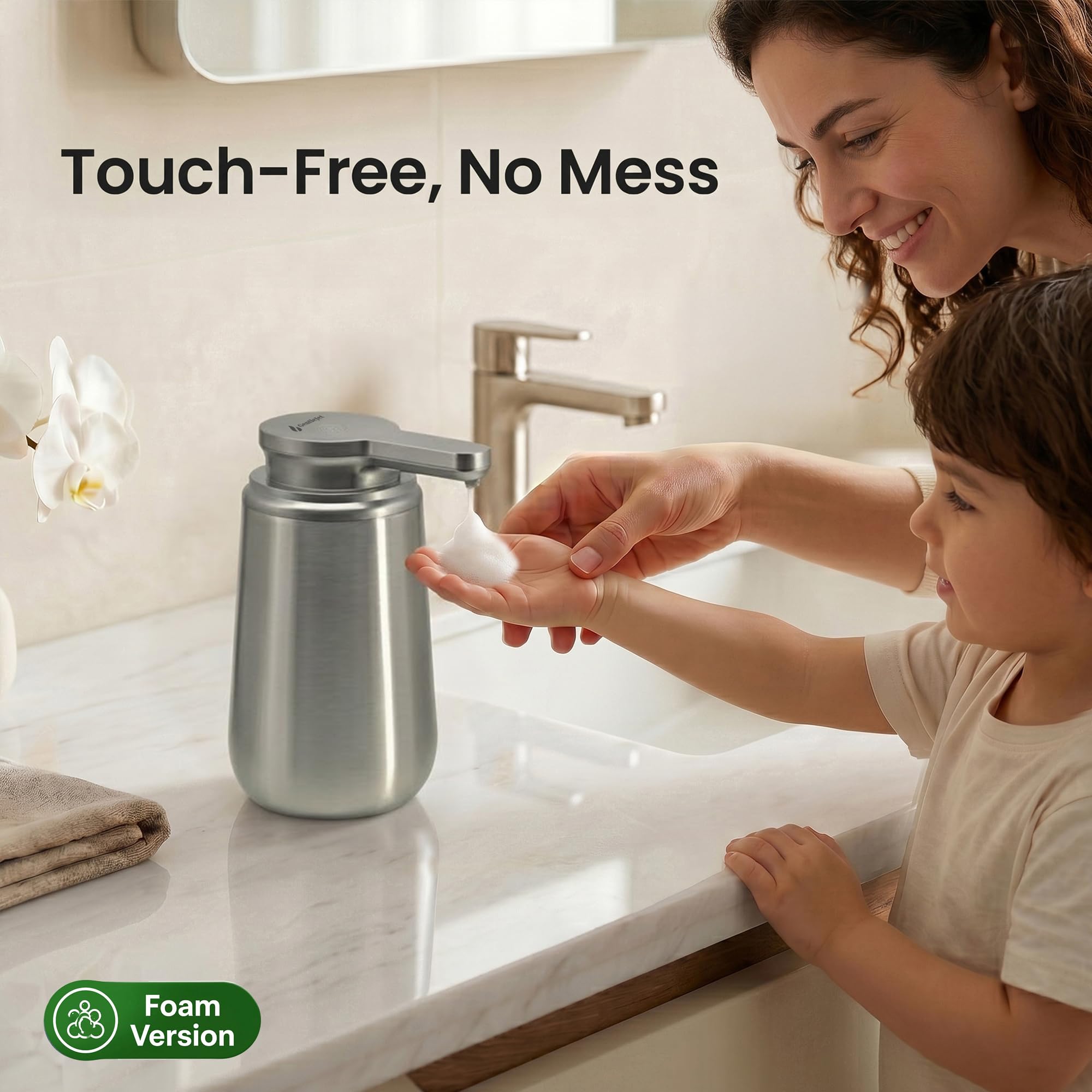 GentleJet NovaJet Automatic Foaming Soap Dispenser Touchless Sensor, USB-C Rechargeable, 304 Stainless Steel, IPX5 Waterproof for Bathroom Kitchen Sink, 12 oz / 350 ml