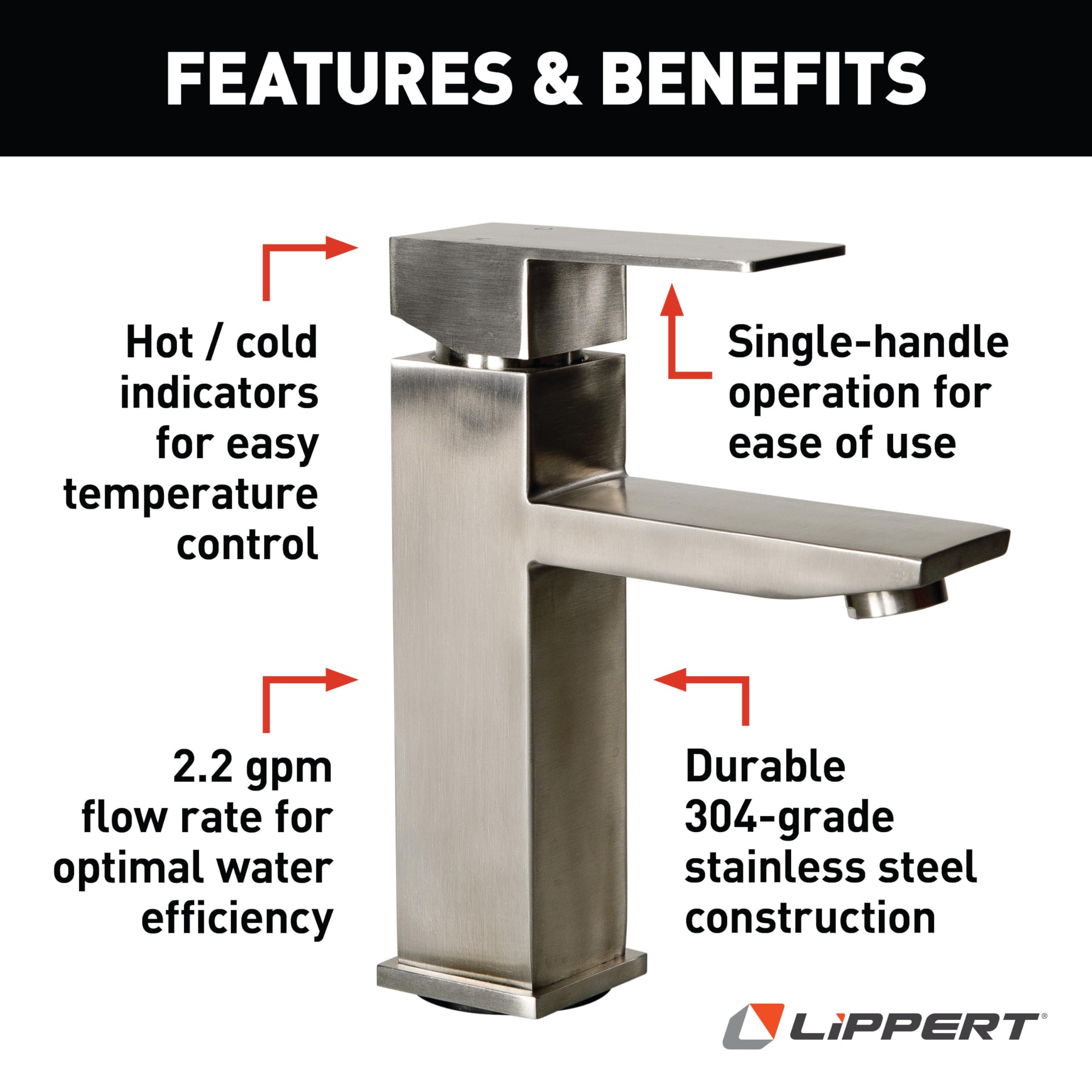 Lippert Flow Max Square Bathroom Faucet with 304-Grade Stainless Steel Construction, Single-Handle Operation, Single-Hole Installation, 2.2 GPM Flow Rate for RVs and Residential Spaces - 2024025311
