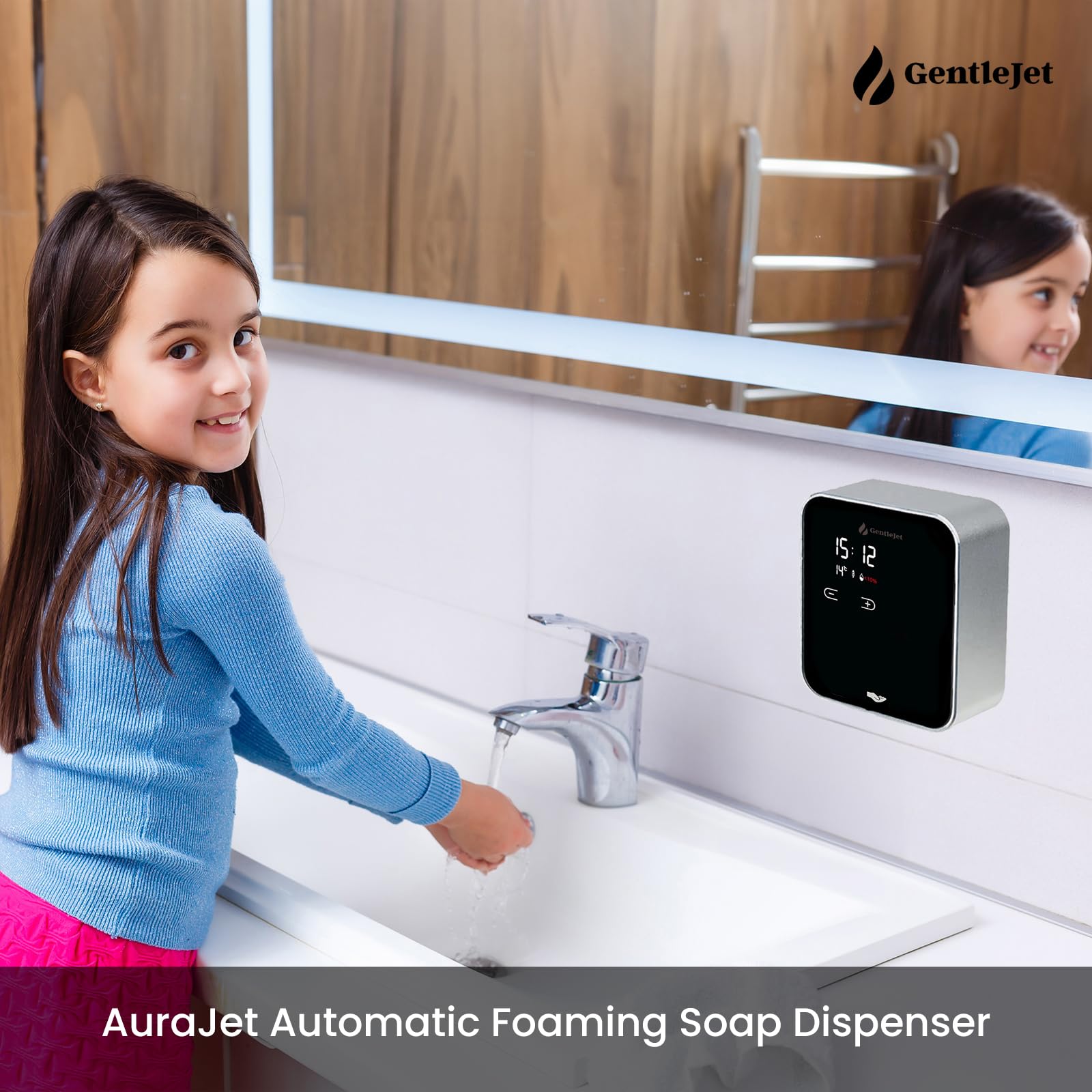 GentleJet AuraJet Automatic Foaming Soap Dispenser Wall Mount  Touchless Sensor, LED Display, 5 Foam Levels, Rechargable USB-C or Battery Powered, Aluminum Alloy, 480 ml Refillable